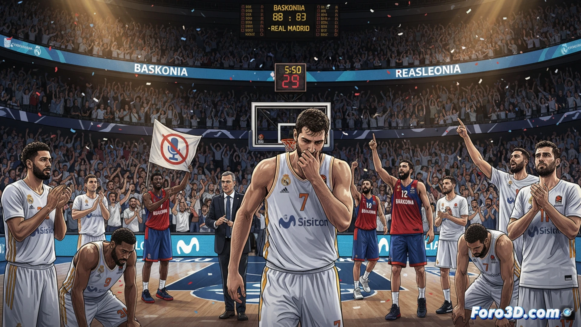 Real Madrid basketball player losing ball control under defensive pressure from Baskonia opponent, ball bouncing off court near three-point line, crowd in background raising hands and clapping, Movistar Arena court markings visible, another player scrambling for loose ball, intense defensive stance, sweat droplets frozen mid-air, cinematic sports photography style, dramatic arena lighting with spotlights, photorealistic action freeze-frame, motion blur on peripheral figures, high-contrast shadows on hardwood floor, technical basketball game visualization