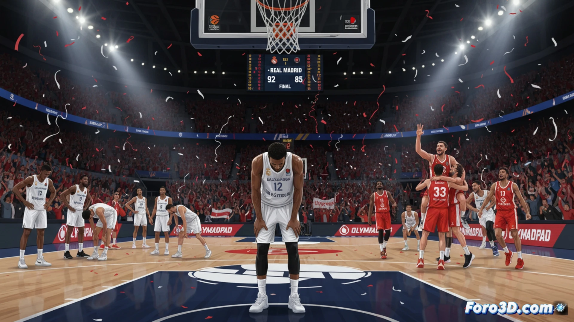 Technical scene of basketball court action, Real Madrid player in white jersey leaping for rebound but outnumbered by three Olympiacos players in red jerseys boxing out, ball bouncing away from reach, scoreboard showing 92-85 in background, empty bench seats visible behind, dramatic moment of defeat, photorealistic sports photography style, high contrast lighting, sweat droplets frozen mid-air, frustrated facial expression on falling player, triumphant expressions on opponents, wide-angle lens perspective capturing full court tension, cinematic sports documentary aesthetic
