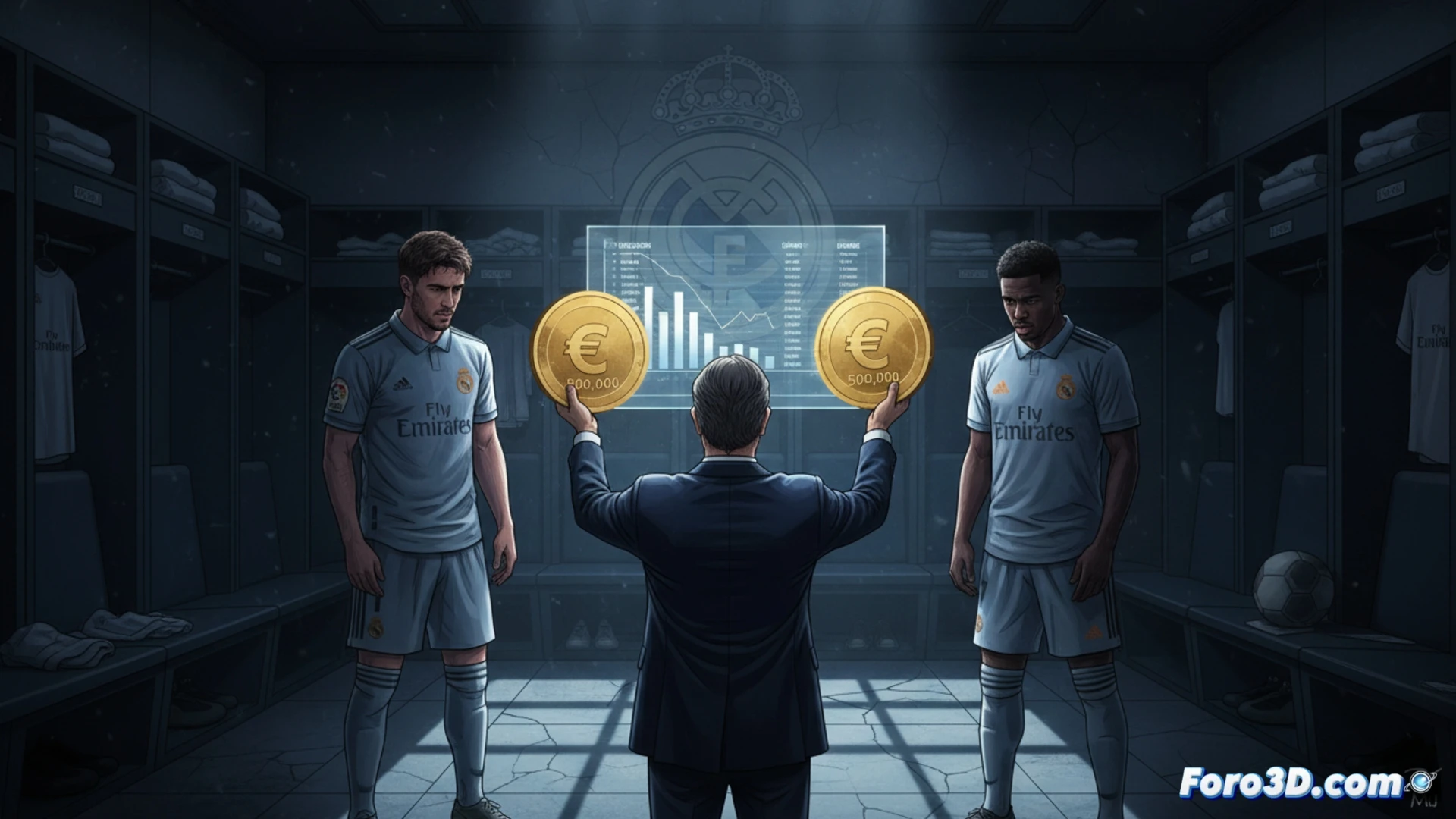 Descripción detallada: Primer plano de dos camisetas del Real Madrid colgadas en taquillas oscuras, con etiquetas de precio de 500.000 euros. Al fondo, sombras de Valverde y Tchouameni cabizbajos.
