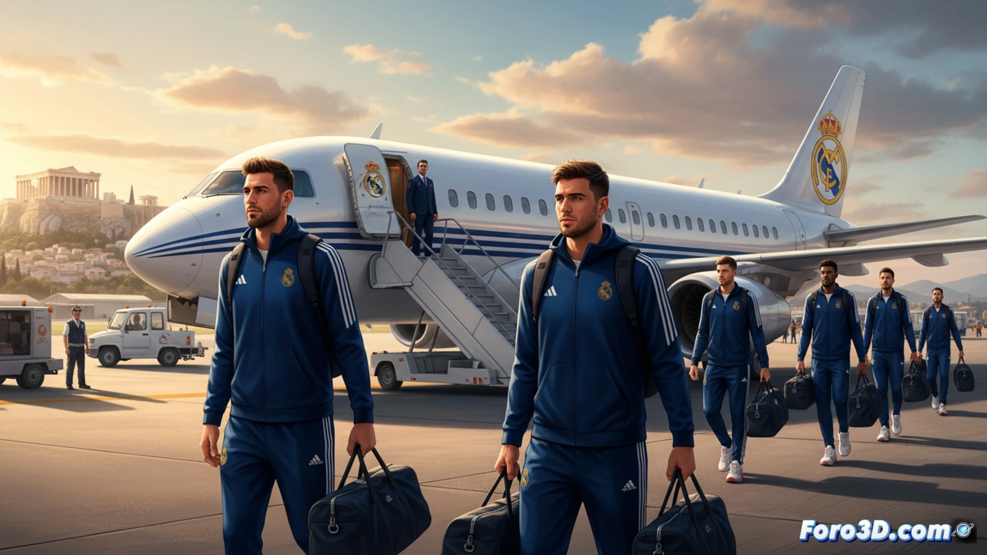 Real Madrid basketball team boarding a modern aircraft on a rain-slicked tarmac at dawn, players in official team tracksuits carrying duffel bags, equipment crates with Euroliga logo being loaded into cargo hold, airport ground crew in high-vis vests directing operations, cinematic sports photography style, dynamic composition with motion blur from spinning luggage cart wheels, metallic aircraft fuselage reflecting runway lights, photorealistic technical render, dramatic low-angle shot emphasizing scale and departure