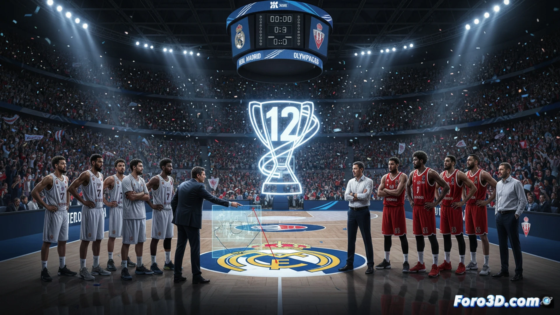Real Madrid y Olympiacos jugando una final de baloncesto europeo, jugador del Real Madrid en transición ofensiva rápida driblando hacia la canasta, defensor del Olympiacos en posición defensiva baja, fondo del pabellón con iluminación dramática de focos, pista de madera reflectante, balón naranja con líneas de movimiento, sudor visible en los brazos, zapatillas deportivas detalladas con agarre en el suelo, acción congelada en el momento del salto, estilo cinematográfico fotorealista, iluminación de alto contraste, profundidad de campo reducida, texturas de la red y el aro metálico visibles, atmósfera tensa de final deportiva
