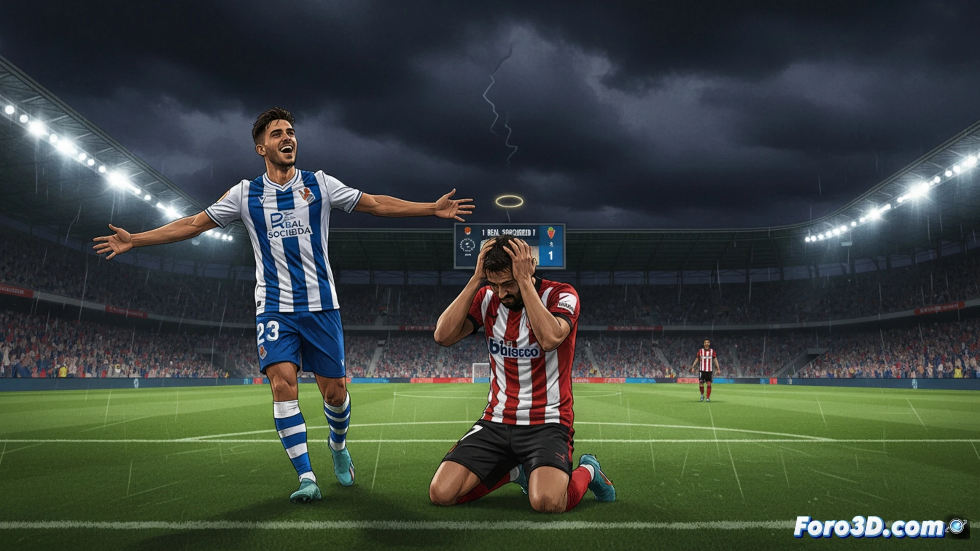 Real Sociedad midfielder Brais Méndez striking a low shot into the Girona net during a tense La Liga match at Montilivi stadium, Girona defender sliding late to block while goalkeeper dives too slow, grass turf with motion-blurred player shadows, photorealistic sports photography style, dramatic floodlight glare reflecting off wet pitch, Stuani celebrating a penalty kick conversion in the background, technical football action freeze-frame showing ball deformation and impact spray, ultra-detailed stadium architecture with empty stands in deep shadow, high-contrast cinematic lighting emphasizing competitive tension