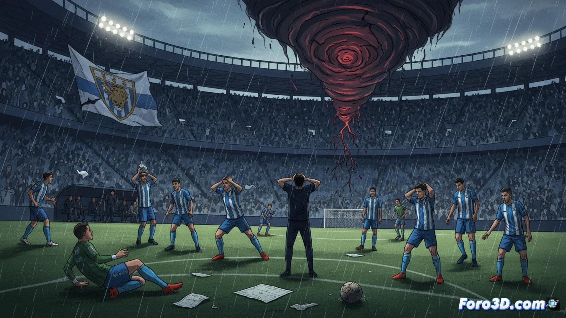 Un estadio vacío y sombrío, con un balón detenido en el césped y un banquillo solitario reflejando la crisis sin remedio del Real Zaragoza.