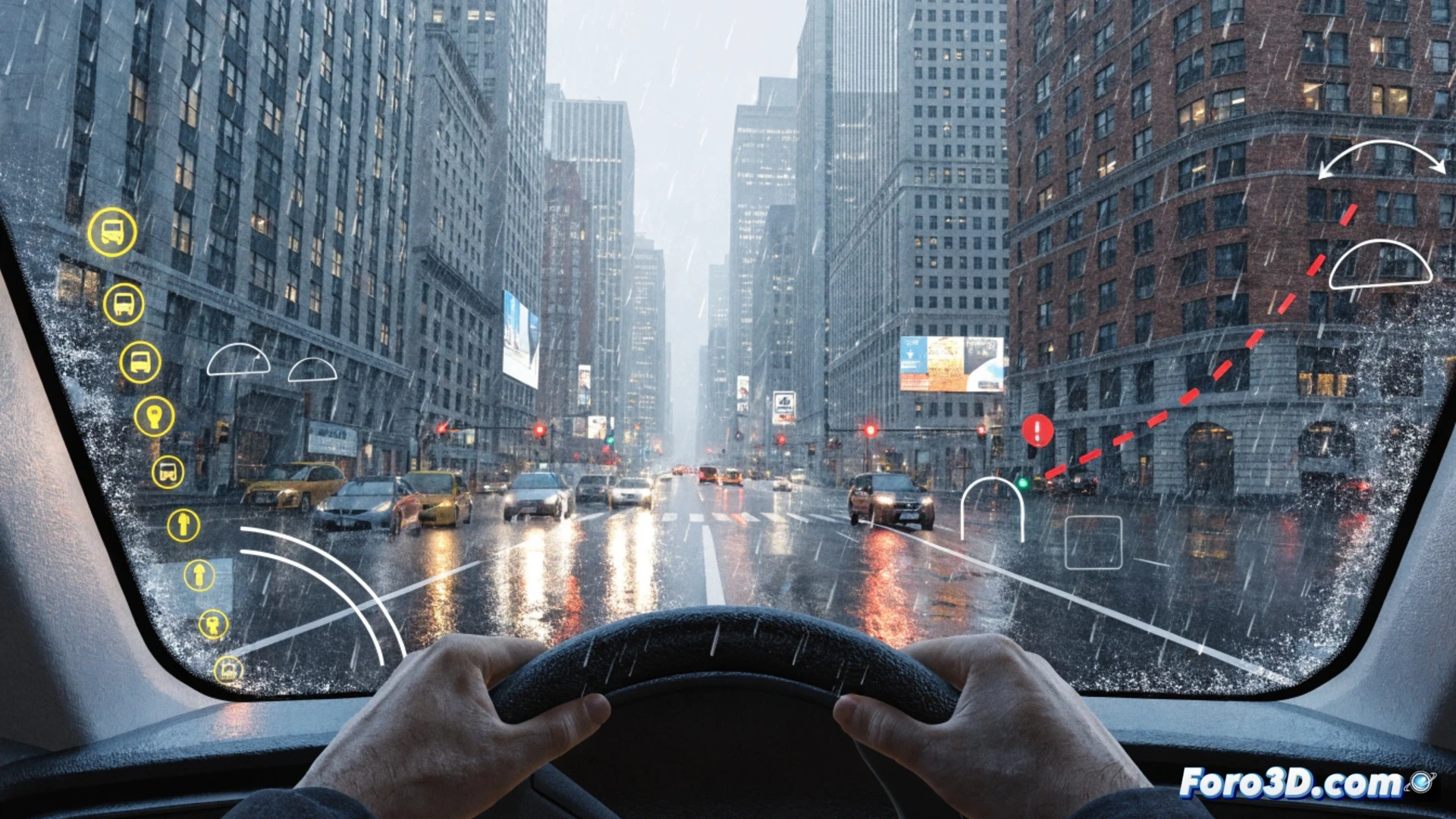 Descripción de imagen realista: interior de autobús urbano, conductor mira parabrisas con proyección 3D de ruta, paradas y puntos ciegos
