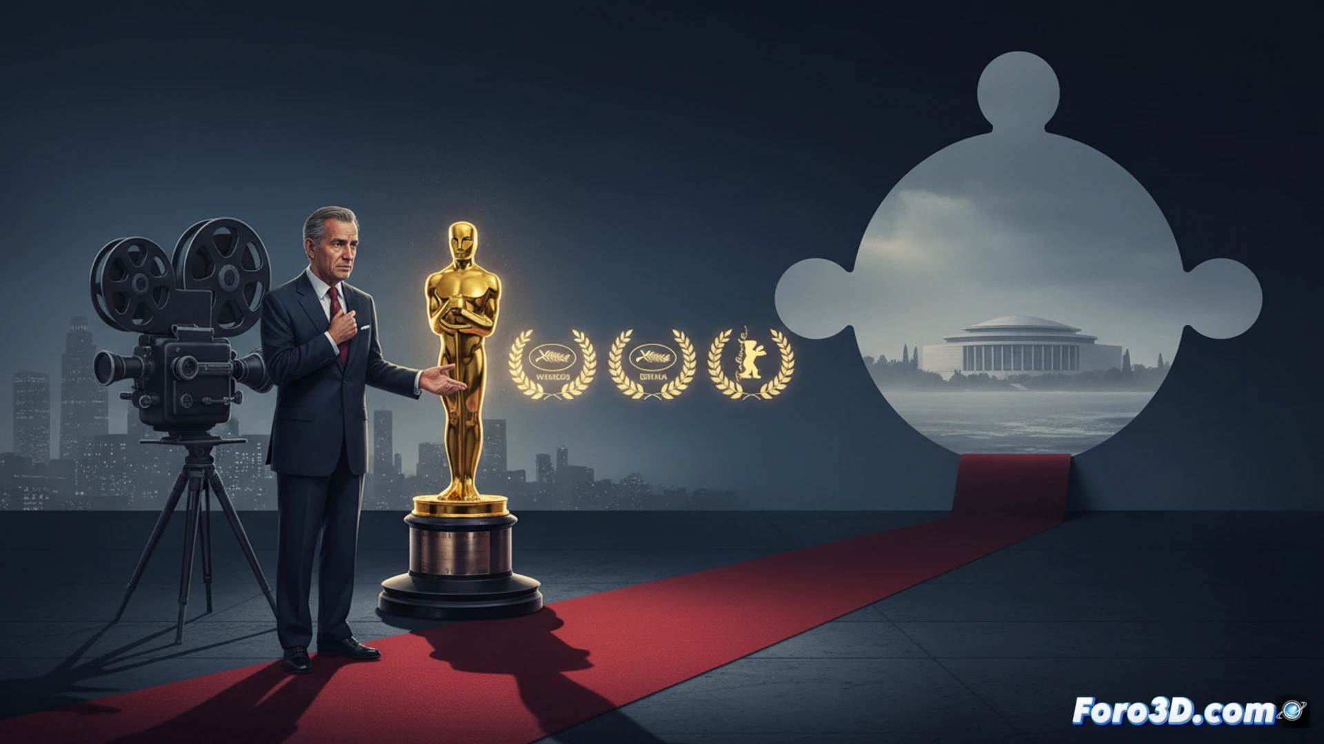 Rebordinos, con gesto serio, señala un cartel de los Oscar; al fondo, el logo de San Sebastián se desvanece.