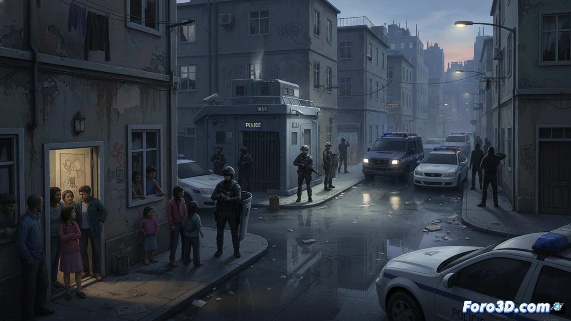 urban street corner at night, two police officers standing guard beside a marked patrol car with blue and red lights flashing, boarded-up shop windows and graffiti-covered walls in the background, a hooded figure slipping into a narrow alley, concrete barriers and a metal security checkpoint half-constructed on the sidewalk, tactical gear and radio equipment visible on officers, surveillance camera mounted on a lamppost, cinematic photorealistic style, high contrast shadows, wet asphalt reflecting neon light, tense atmosphere, wide-angle lens perspective, gritty urban realism