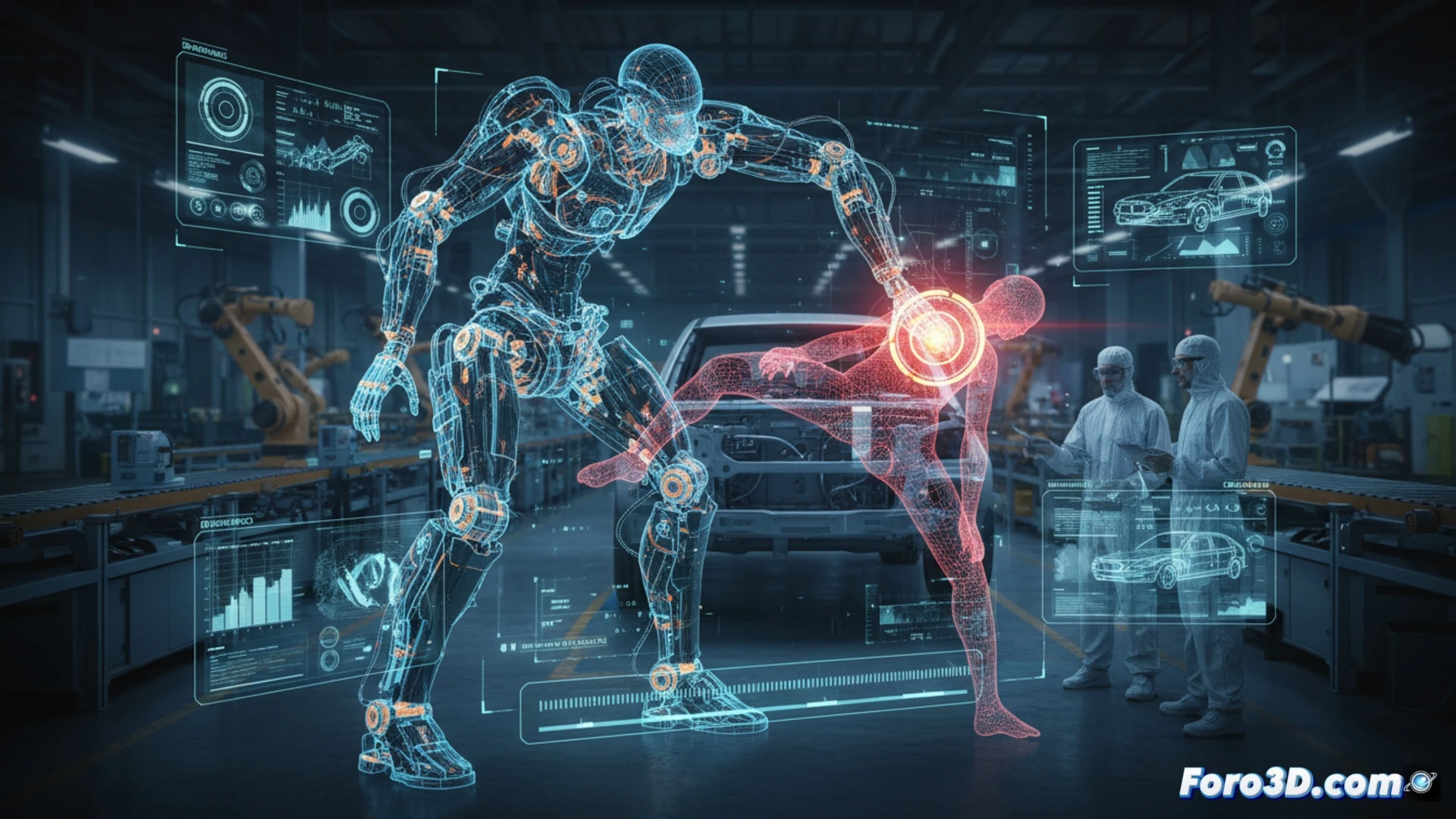 Reconstruccion 3D de accidente laboral con exoesqueleto en cadena de montaje automotriz