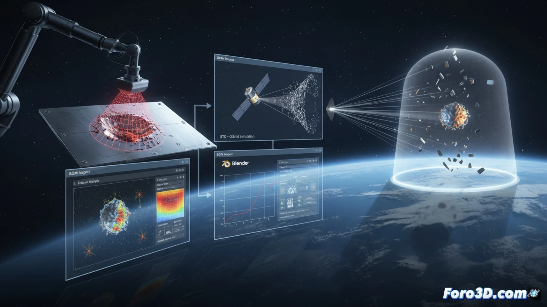Reconstruccion 3D de impacto orbital con escaneo de crater y simulacion de trayectoria virtual