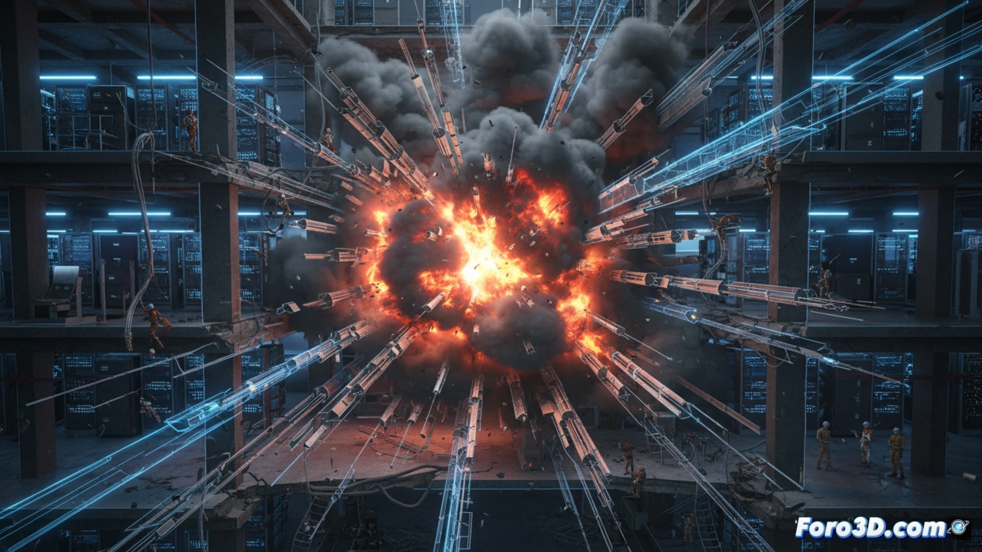 Simulación 3D de explosión en centro de datos con humo y escombros para análisis forense