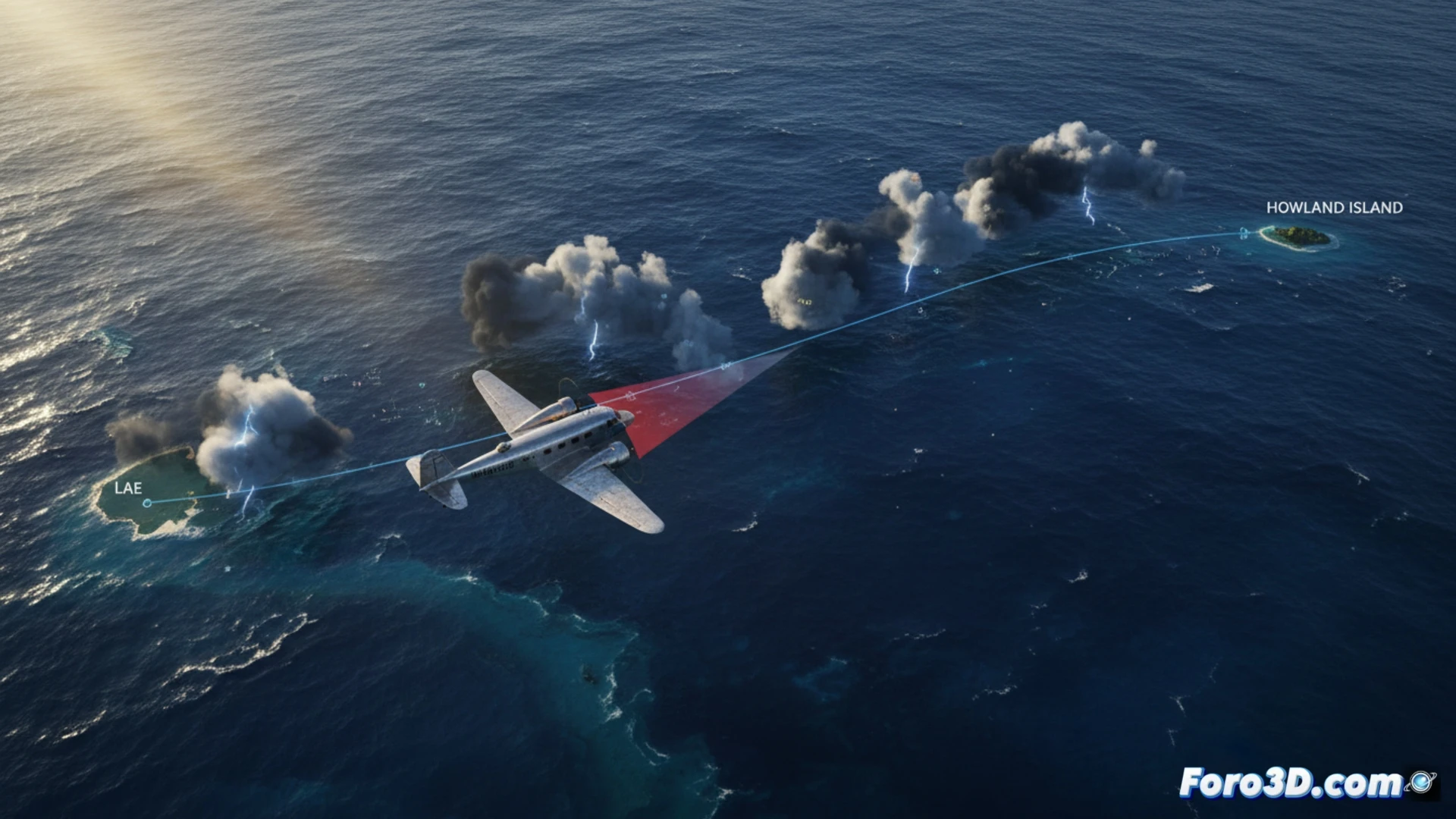 Reconstruccion 3D ruta final Amelia Earhart Lockheed Electra 10E sobre Oceano Pacifico en simulacion de vuelo