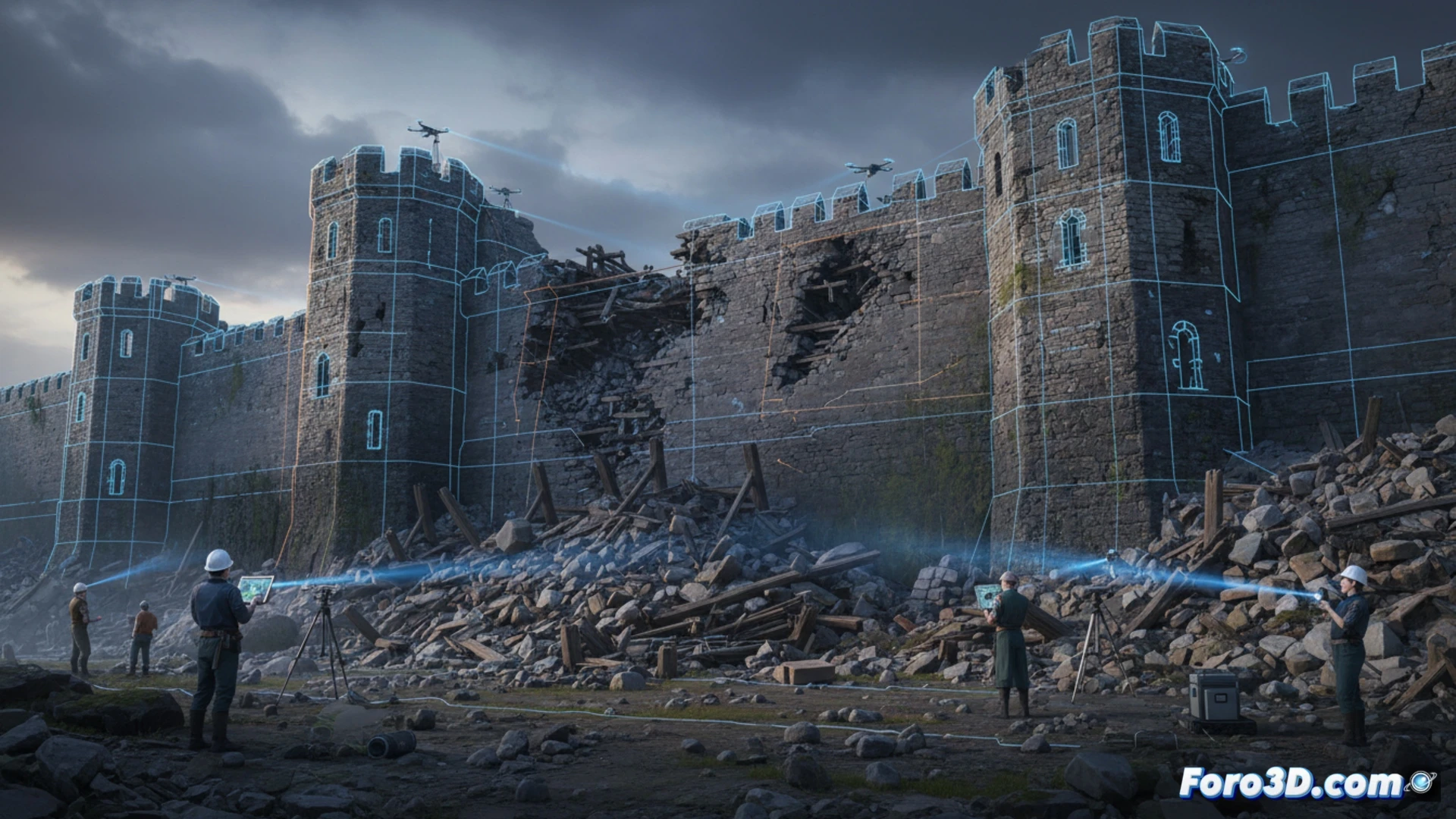 Reconstruccion 3D de muralla medieval con grietas y derrumbes tras asedio, texturas realistas