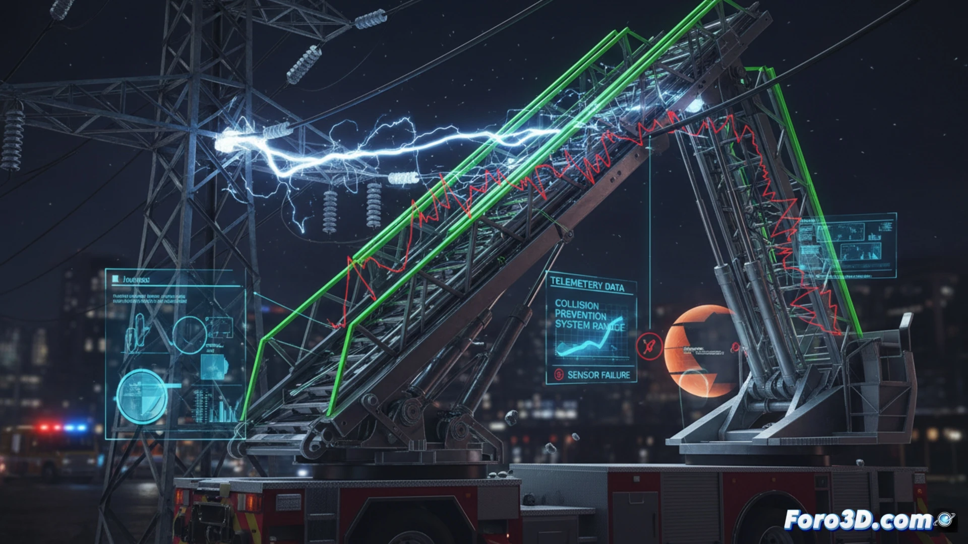 Reconstruccion 3D forense de escalera de bomberos impactando cable de alta tension con analisis cinematico