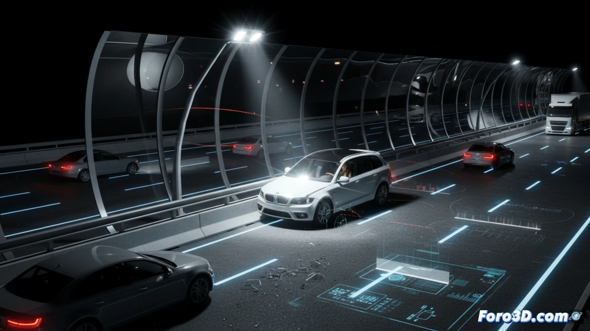 Simulación 3D de accidente vial por deslumbramiento en carretera inteligente con farolas LED y pantallas acústicas