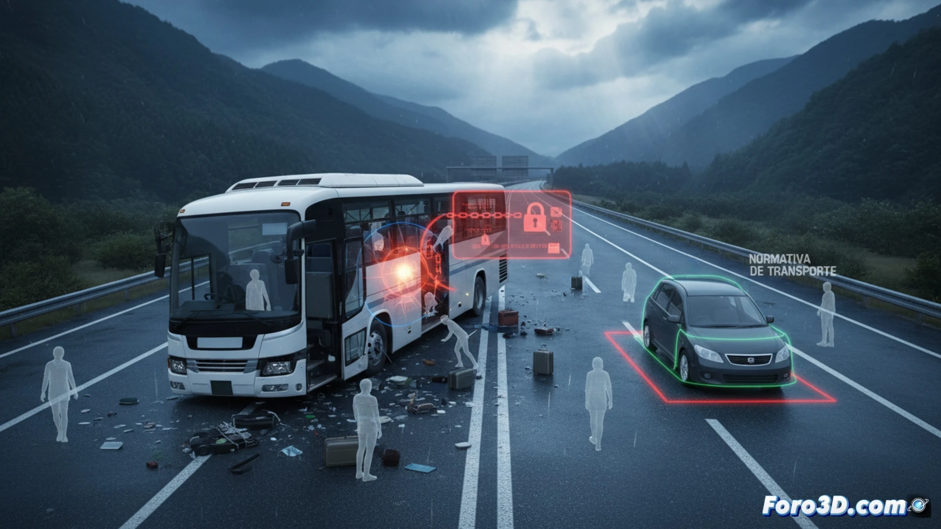 Reconstruccion 3D accidente autobus blanco Ban-etsu estudiantes autopista colision fatal vehiculo ilegal
