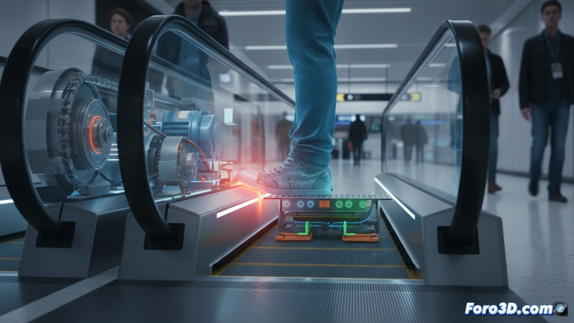 Reconstrucción 3D del mecanismo de peine y escalón en escalera mecánica para análisis de atrapamiento