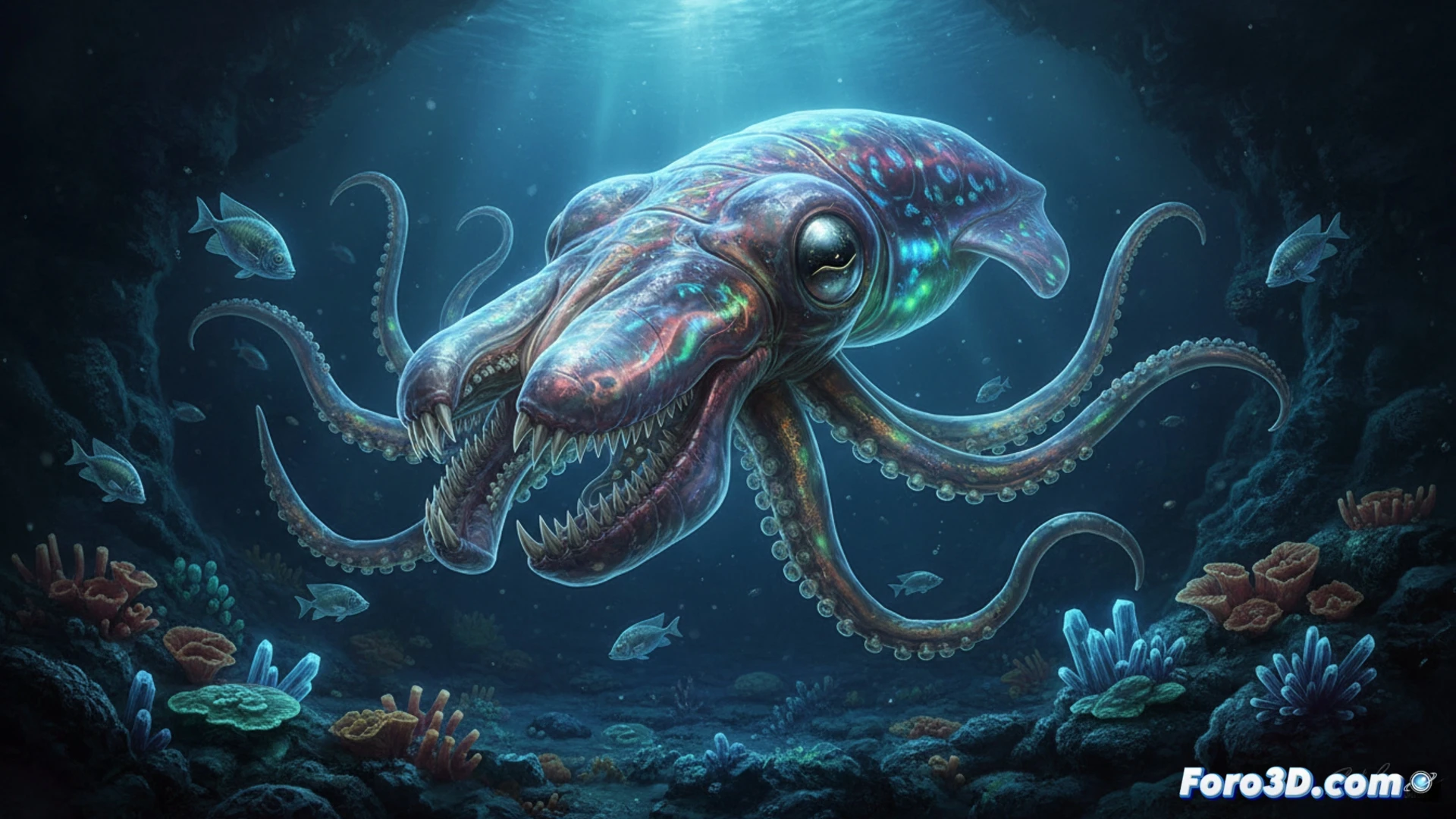 Reconstrucción 3D del calamar alienígena Promachoteuthis en la Cordillera de Nazca, visualización científica marina