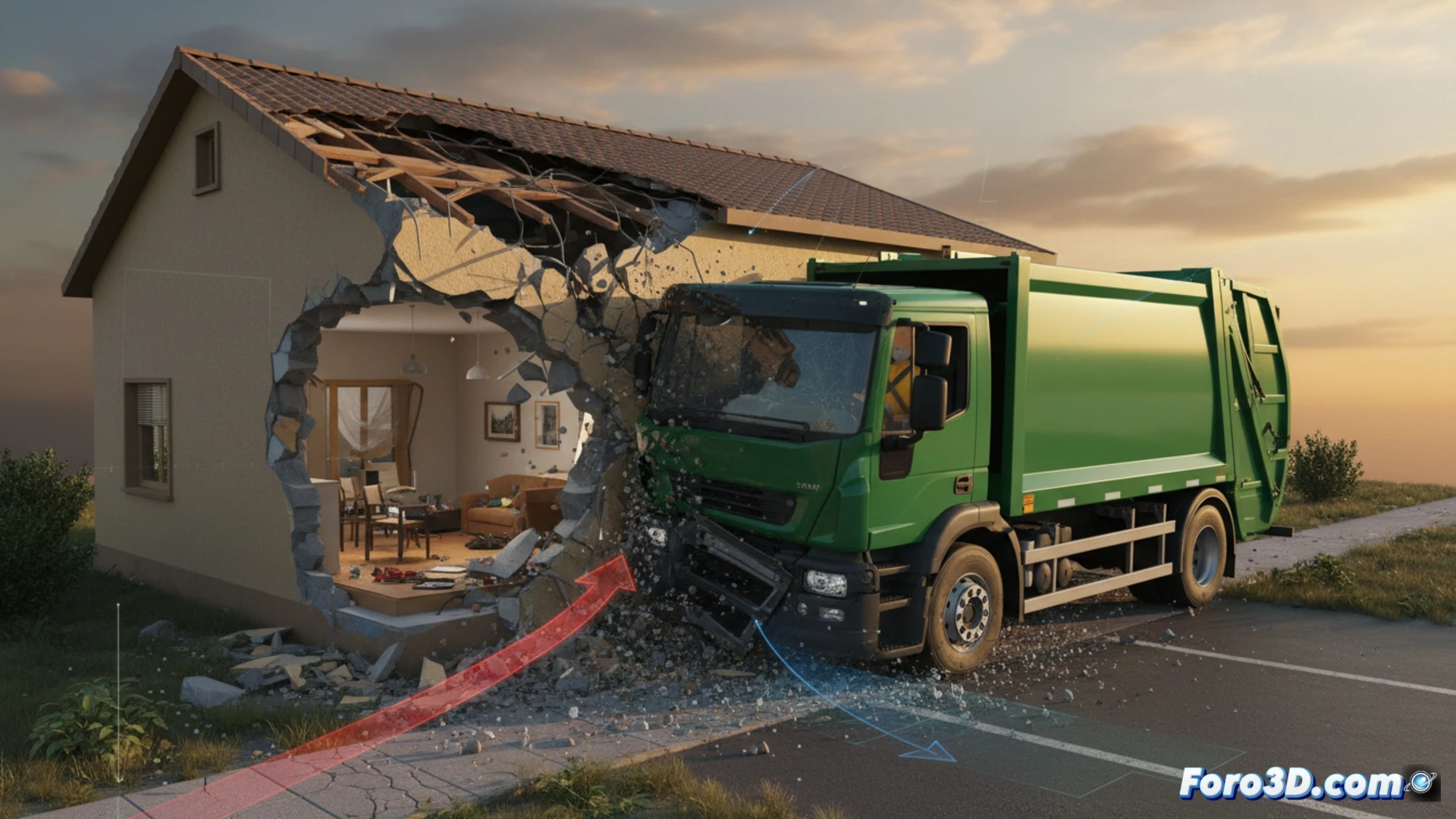 Reconstruccion 3D impacto camion de basura contra vivienda en San Mateo, Zaragoza, analisis forense