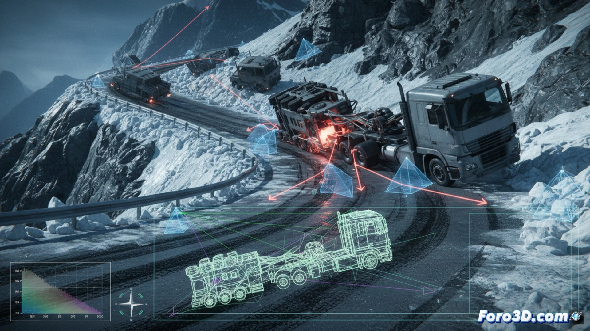 Reconstruccion 3D de vuelco de convoy en montaña con hielo negro y fallo de frenos