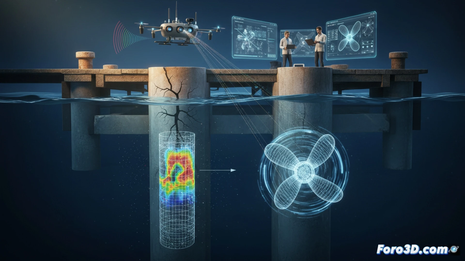 Muelle agrietado por impacto de hélice, reconstrucción 3D forense con sonar y fotogrametría aérea para análisis estructural