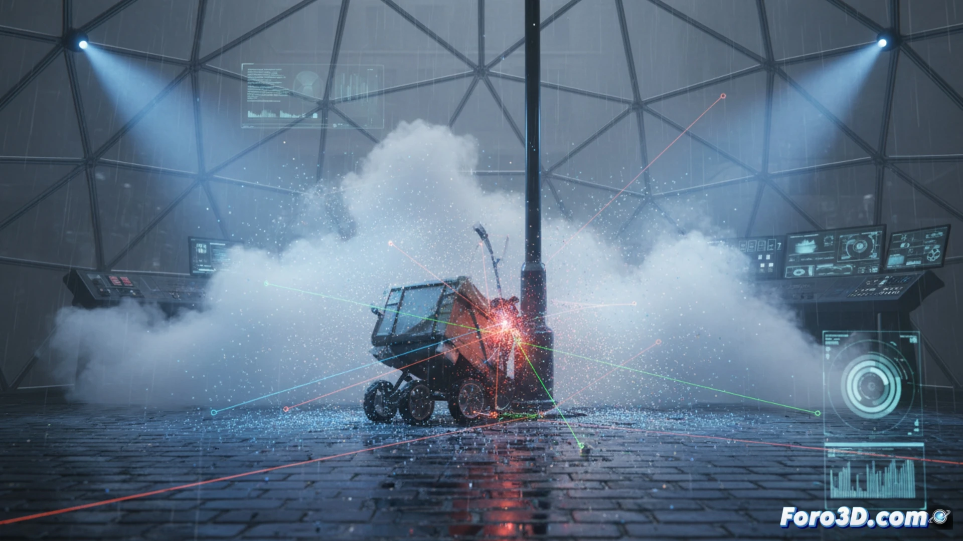 Reconstrucción 3D forense de colisión robot peatón en niebla con datos LiDAR y trayectorias simuladas