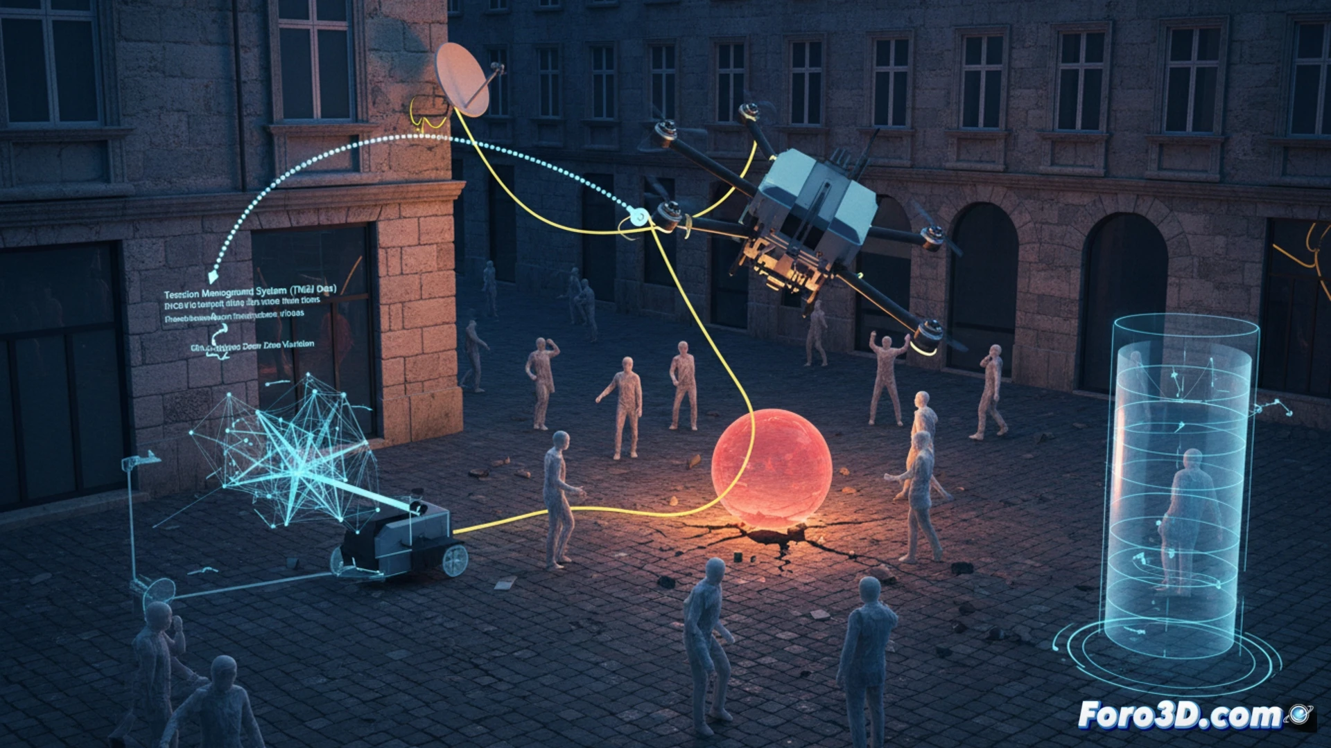 Reconstruccion 3D forense de dron tethered cayendo sobre multitud tras enredarse en una antena de telecomunicaciones