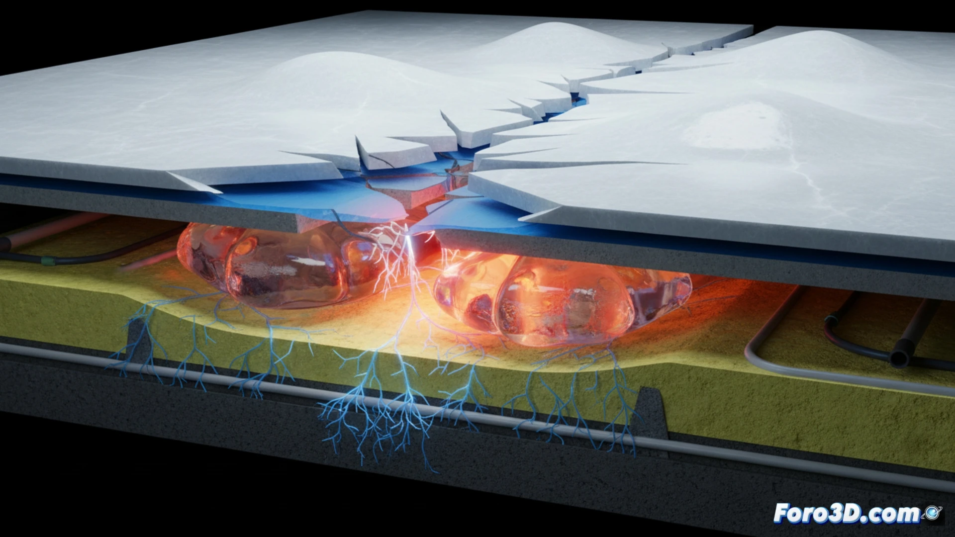Reconstrucción 3D térmica de pista de hielo olímpica con fallo crítico en barrera de vapor y lentes de hielo
