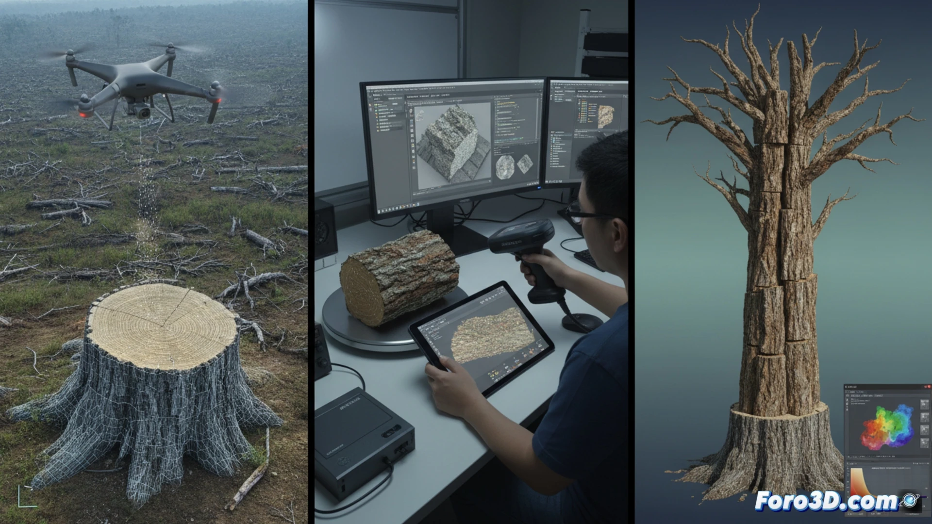 Reconstrucción 3D de tocón y tronco de árbol milenario talado ilegalmente, con escaneo y modelo volumétrico forense