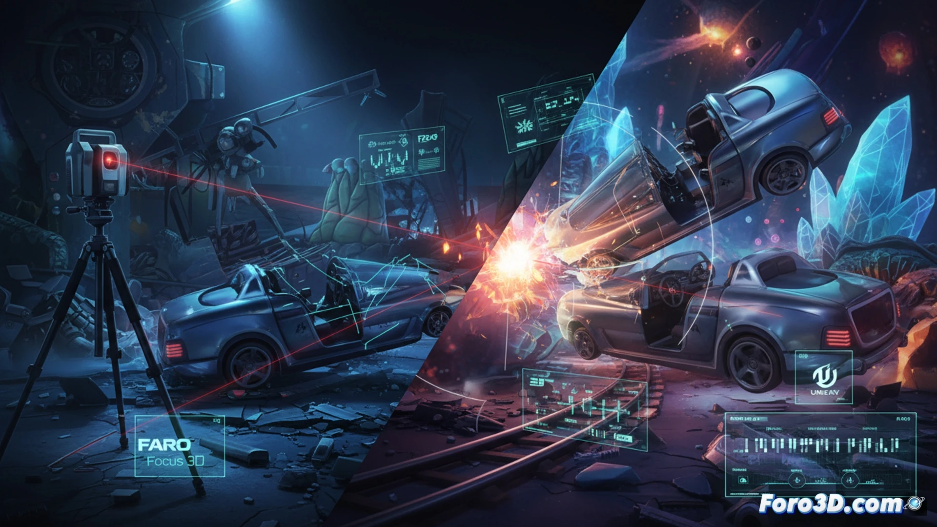Escena de colisión en Dark Ride capturada con escáner LiDAR FARO Focus para reconstrucción forense 3D