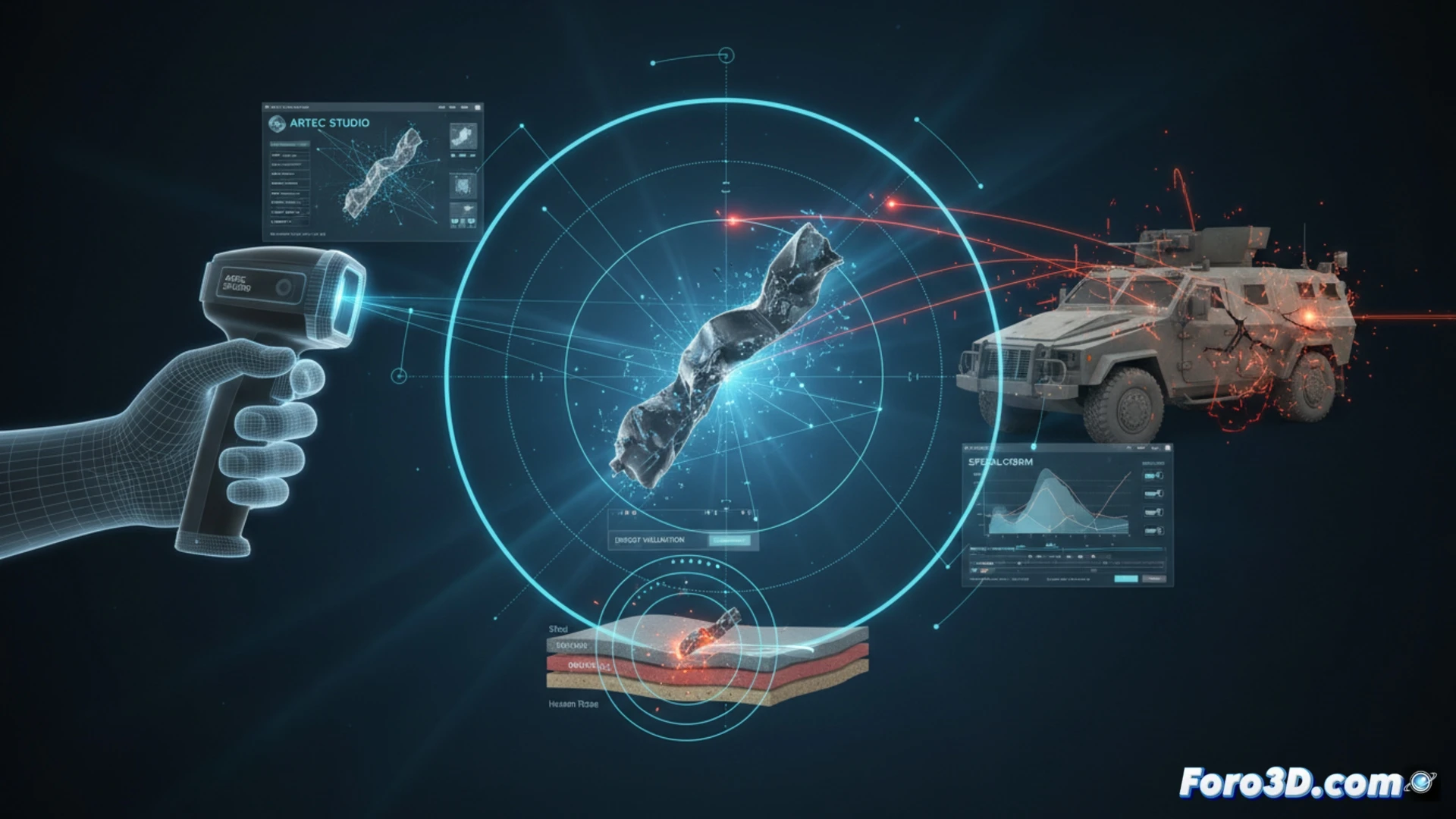 Reconstrucción 3D forense de metralla IED en vehículo blindado con escaneo y simulación de impacto balístico