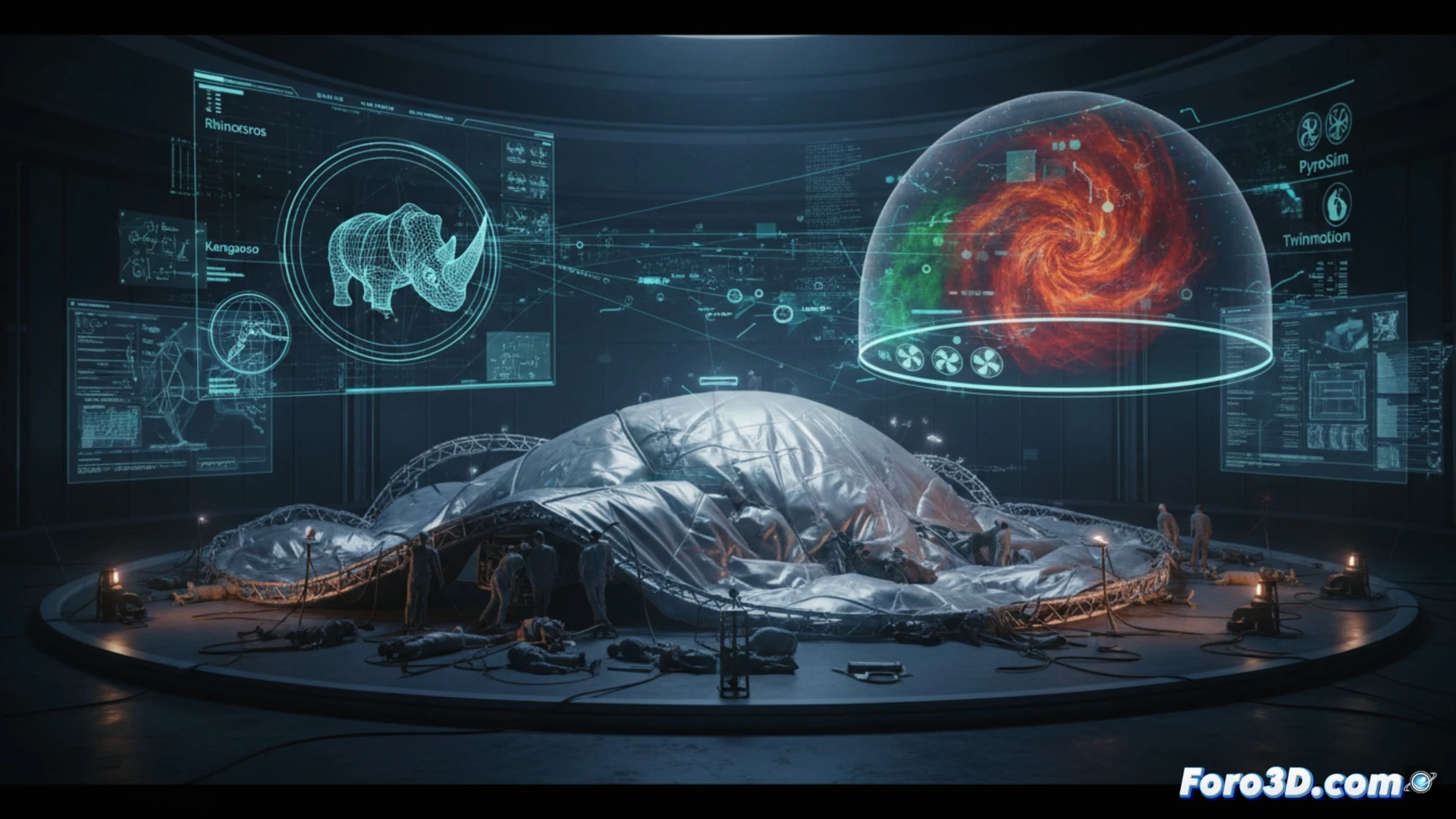 Simulación forense 3D del colapso de un domo inflable con análisis de presión y deformación estructural.