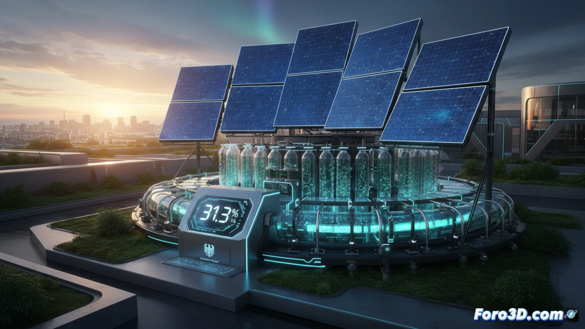 photoelectrolysis cell array under concentrated sunlight, water splitting into hydrogen bubbles at electrode surface, gas separation membrane showing oxygen release on opposite side, transparent reactor chamber with platinum-coated titanium electrodes, real-time efficiency display panel showing 31.3 percent conversion, sunlight beam focused through Fresnel lens array, hydrogen gas rising through collection tubes, engineer adjusting electrolyte flow rate while monitoring pressure gauge, technical illustration style, clean white laboratory background, metallic reactor components with blue chemical solution, sharp focus on bubble formation process, photorealistic industrial research render