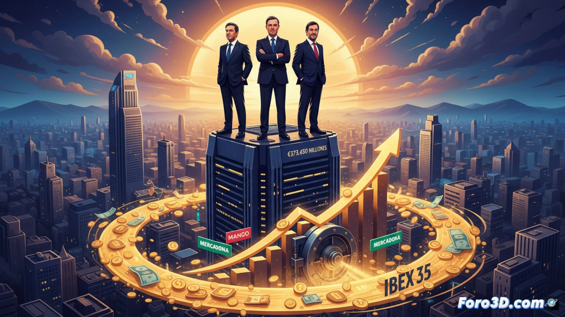 Un gráfico de barras ascendentes con billetes y logos del Ibex 35, Mercadona y Mango, coronado por un podio con Amancio Ortega, Rafael del Pino y Juan Roig.