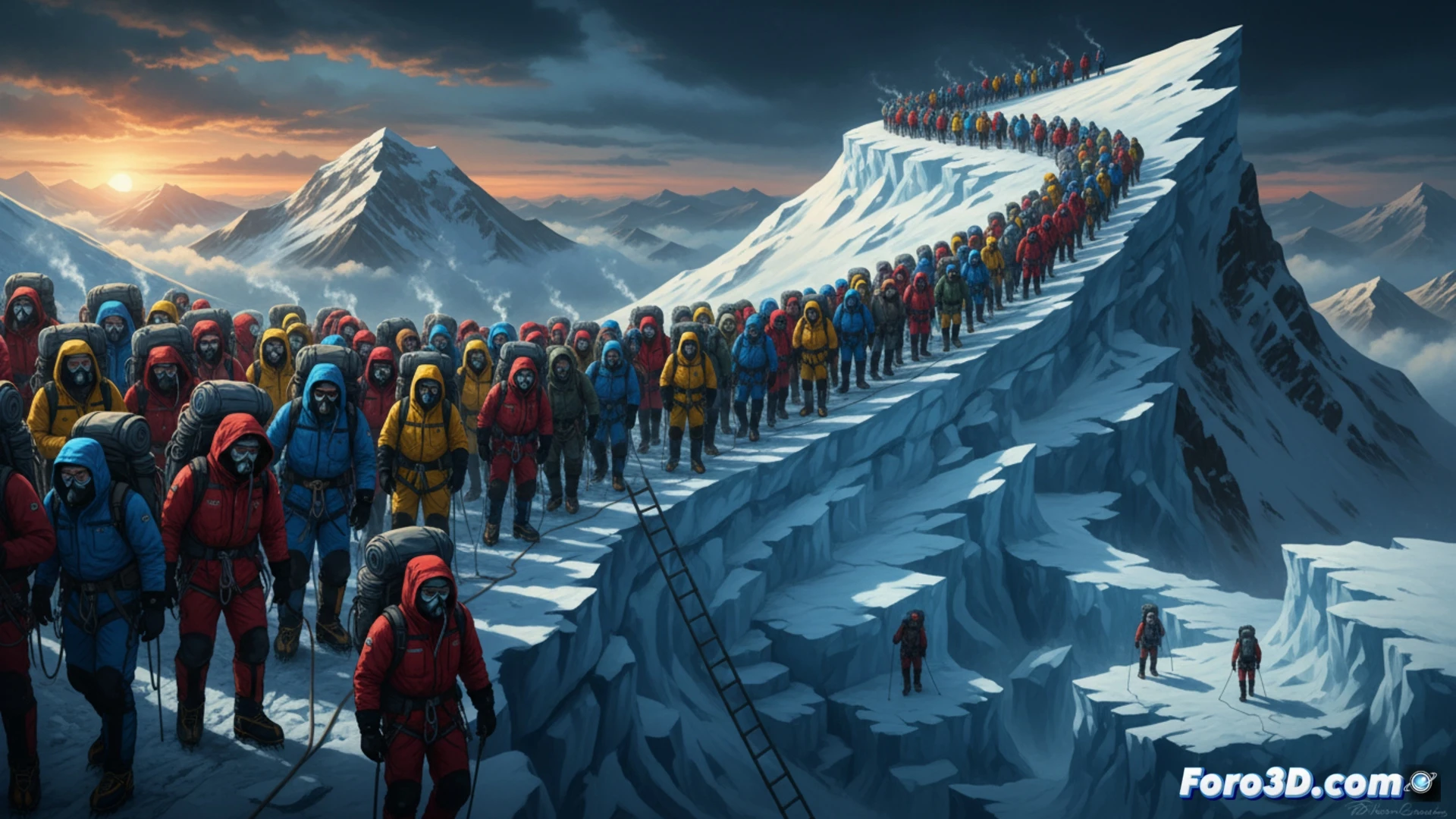 Una larga fila de alpinistas con cascos y cuerdas avanza sobre una grieta helada en el Everest, bajo un cielo gris tormentoso.