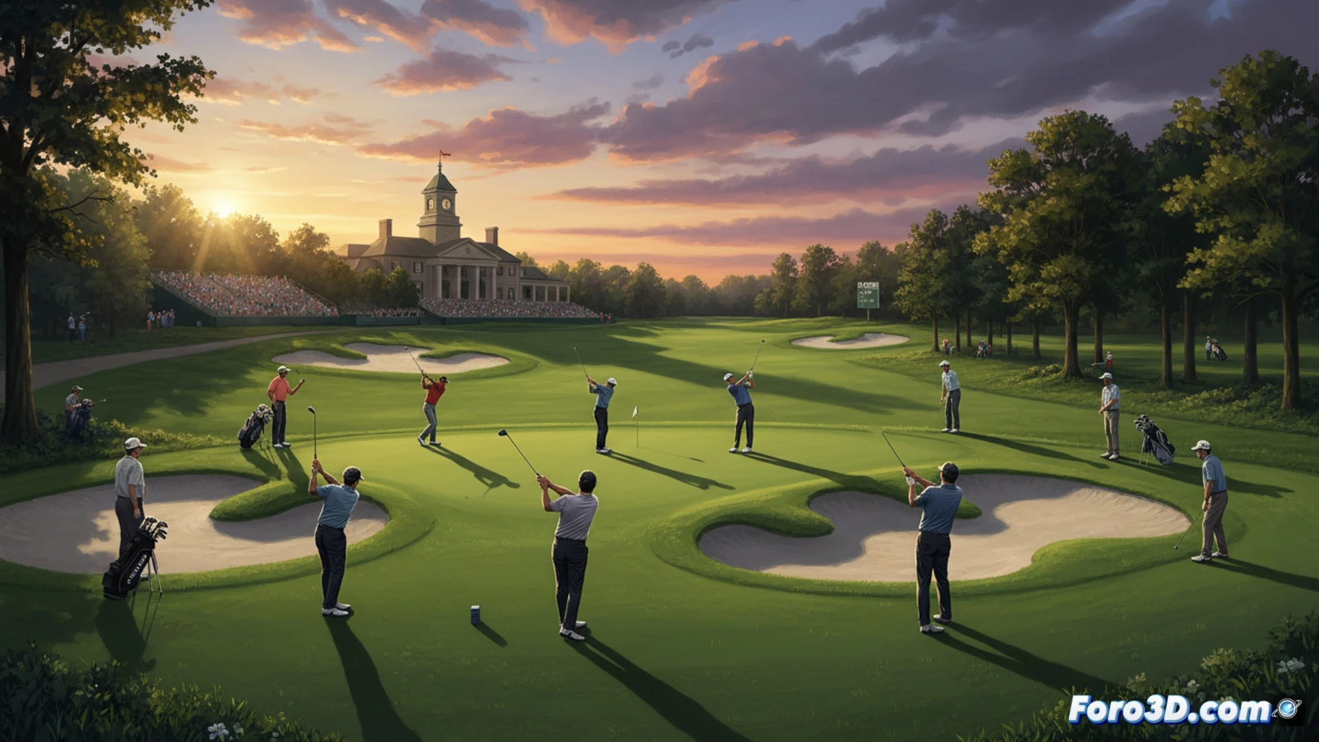 Aerial view of Aronimink golf course at golden hour, twelve distinct golfer silhouettes in follow-through swings across fairways and greens, each player separated by precise yardage markers showing leaderboard proximity, scoreboards visible in background displaying clustered champion names, cinematic photorealistic sports visualization, dramatic low-angle sunlight casting long shadows, vibrant green fairway textures, rough sand trap contrasts, high detail on golf club faces and grass blades, intense competitive atmosphere, wide-angle lens capturing entire course layout