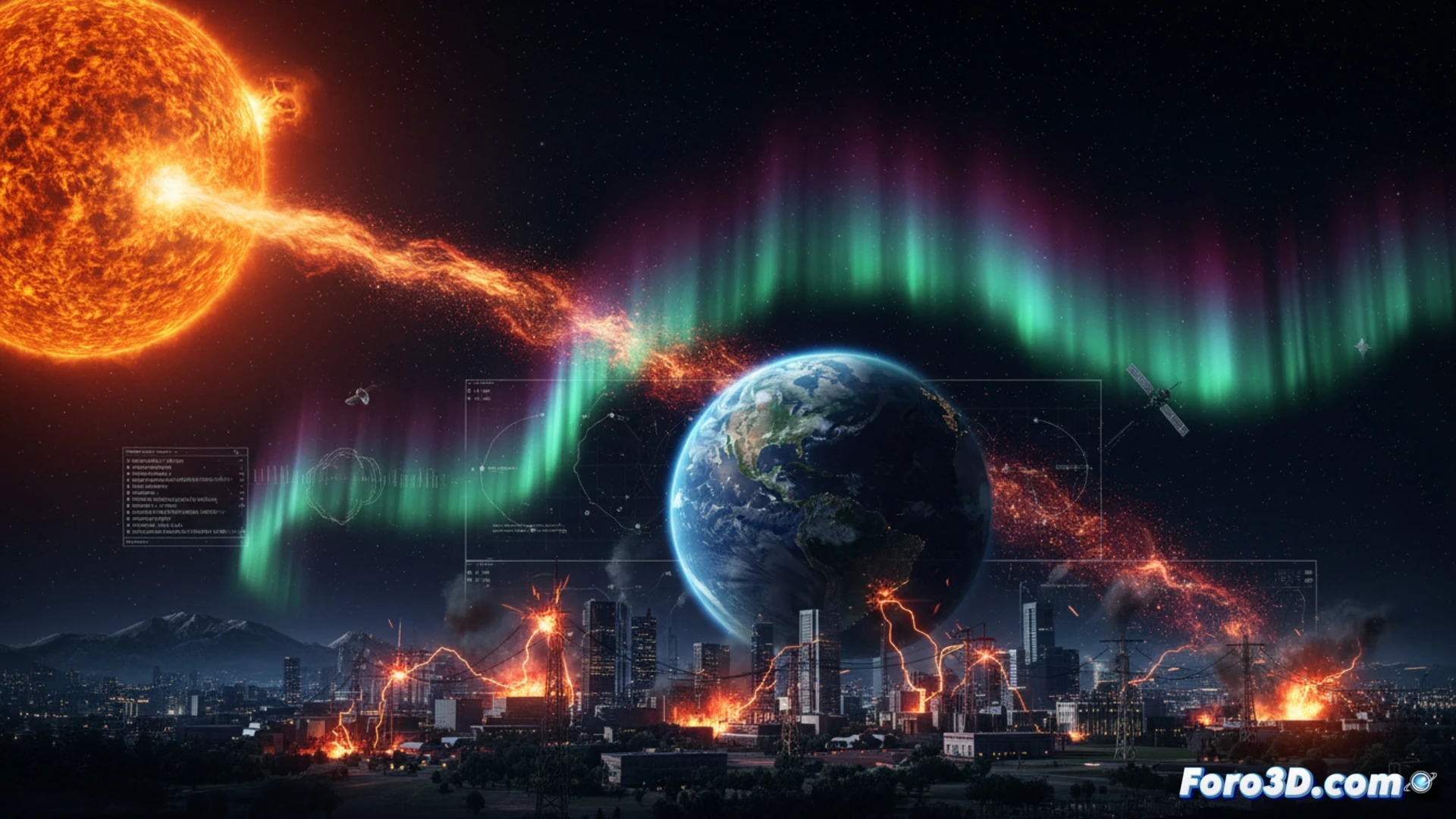 Simulación 3D del Evento Carrington con eyección solar, auroras y tormenta geomagnética en Unreal Engine 5