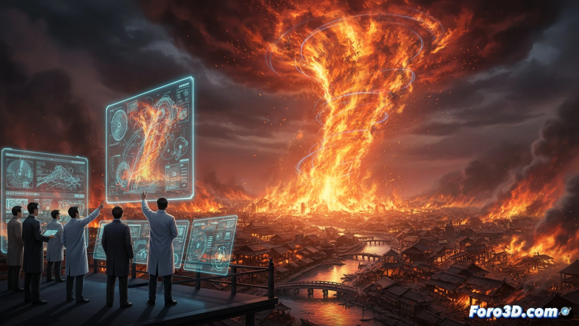 Simulación digital de un torbellino de fuego arrasando una ciudad de madera, con llamas giratorias y cielo oscurecido por humo denso.