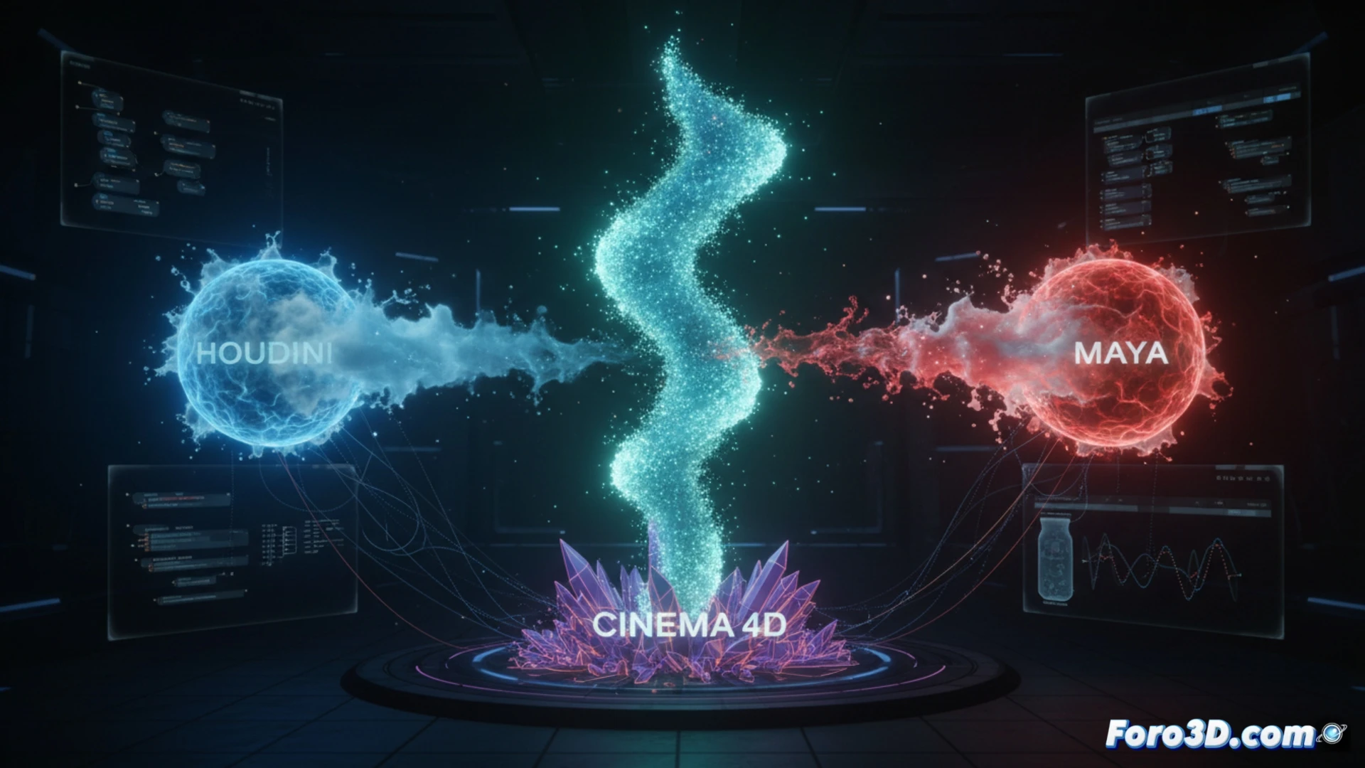 Simulación VFX de la espiral luminosa de Noruega con partículas y dinámica de fluidos en Houdini