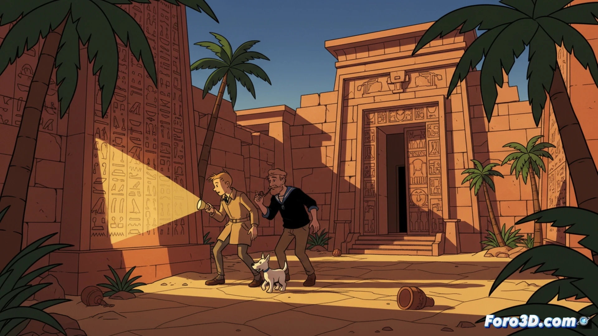 Ilustración conceptual de Tintin y Milú en 3D con estilo línea clara, iluminación cálida de cine años 30