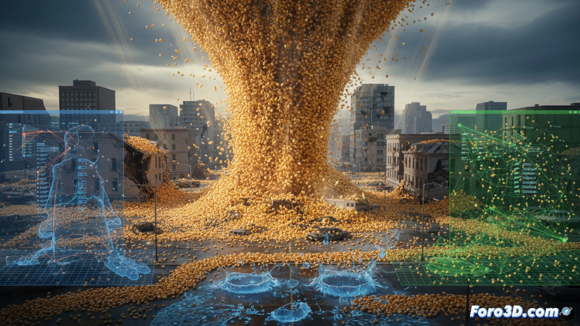 Simulación de granos de maíz cayendo sobre tejados y jardines en tormenta VFX con Houdini