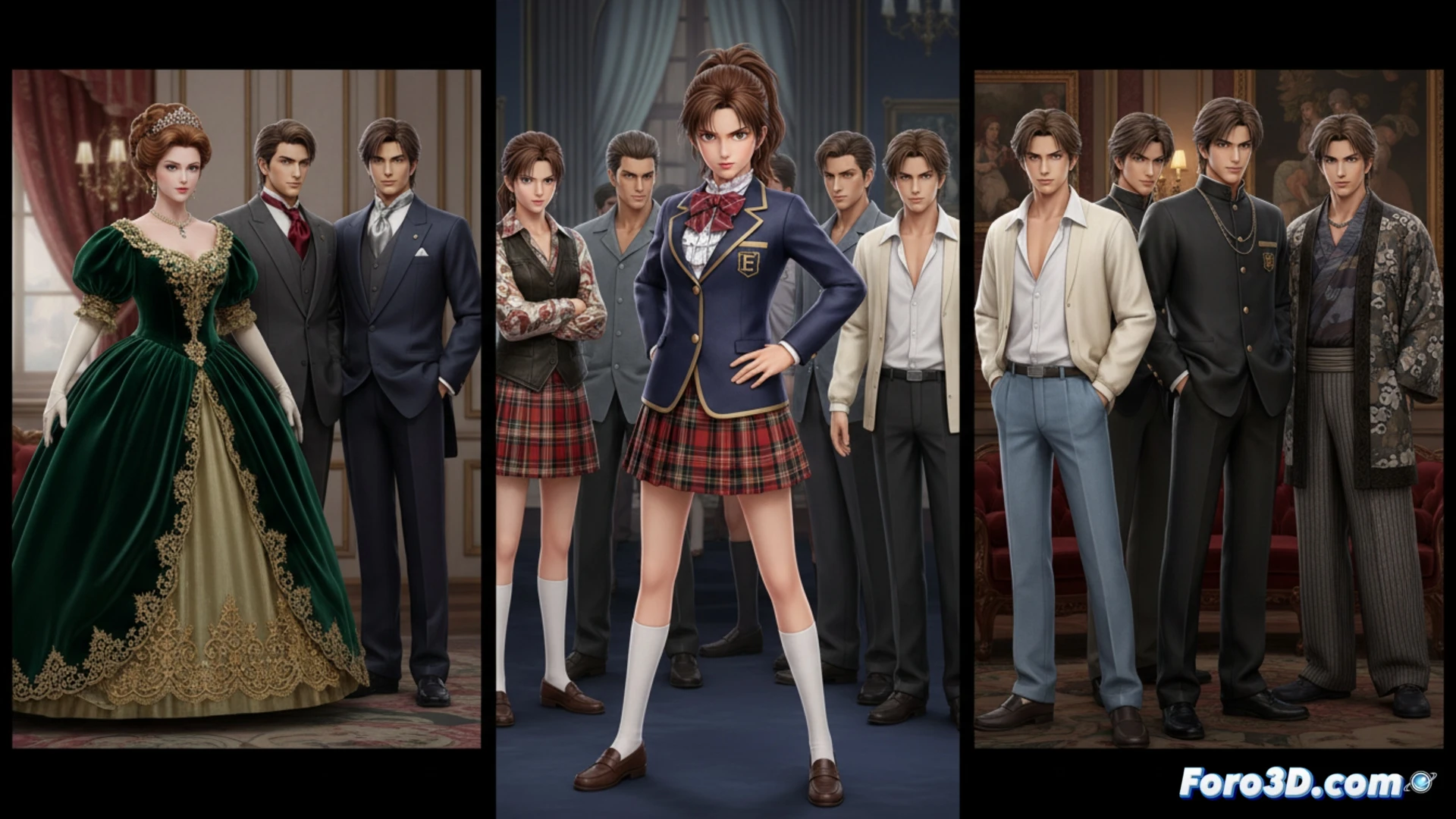 Recreación 3D de uniformes escolares y vestidos de gala del manga Hana yori Dango, con telas fluidas y detalles de estatus social