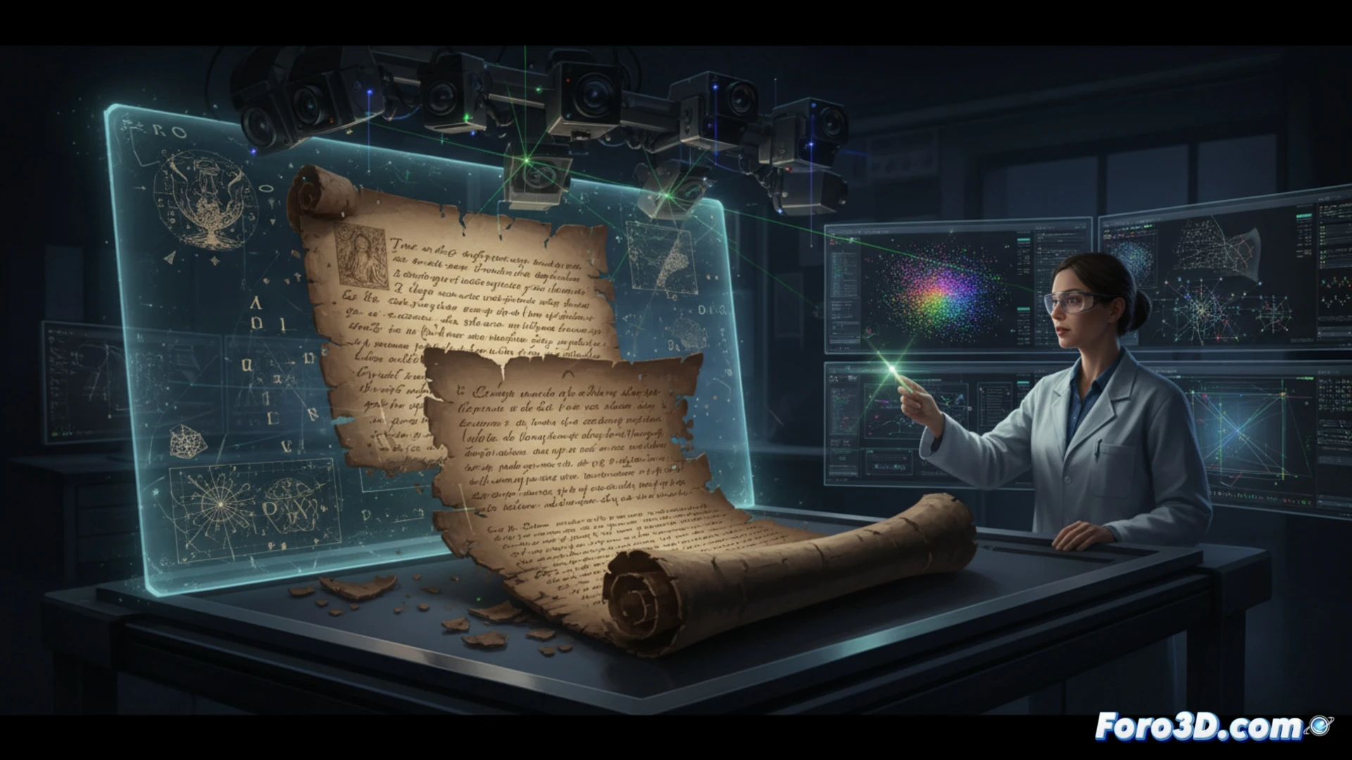 Manuscrito calcinado siendo escaneado con luz estructurada para su restauración digital en 3D