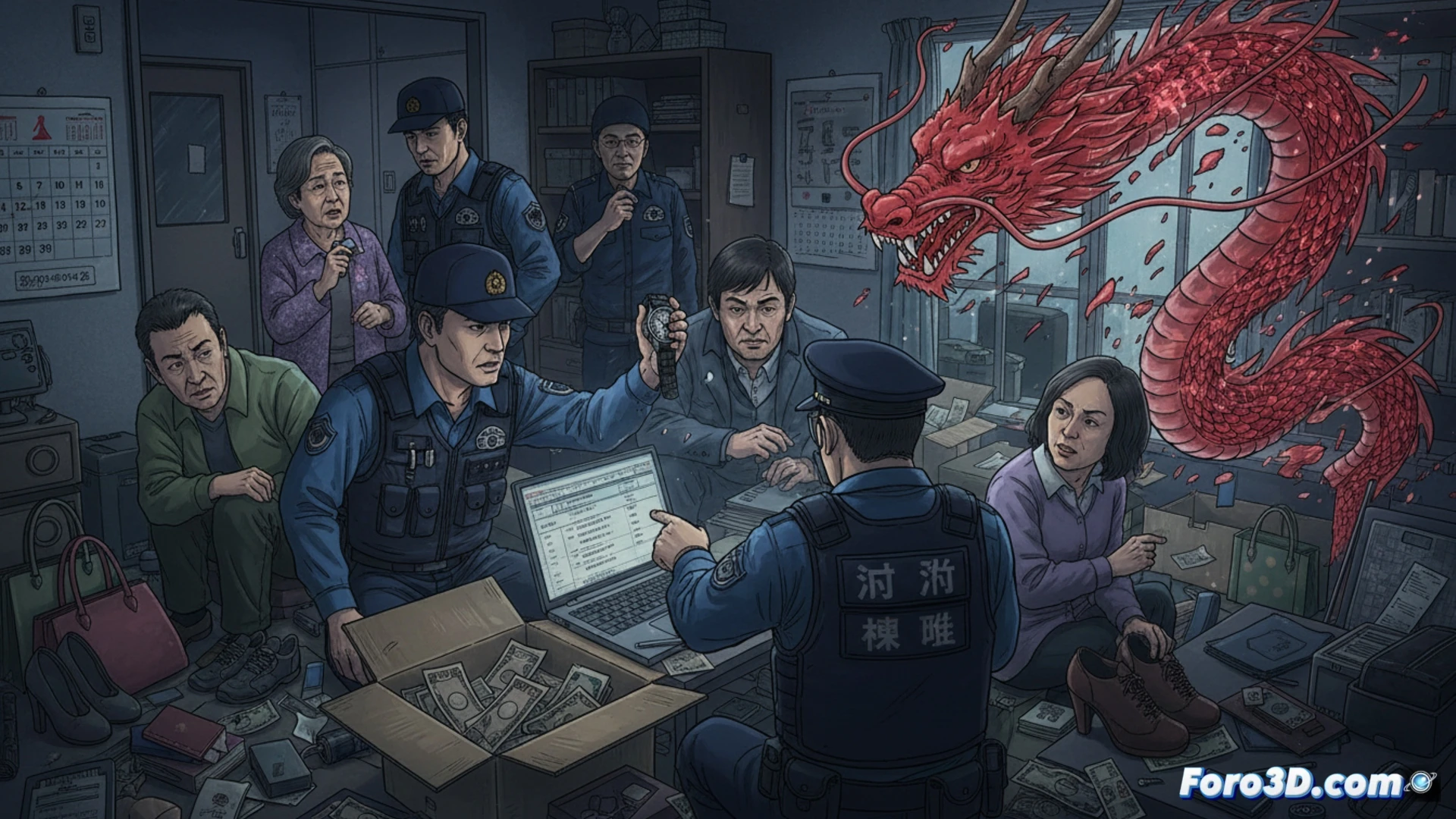 digital fraud investigation scene, police officers examining a laptop showing a credit card database interface while another officer holds a seized luxury watch in a forensics lab, a map display on a monitor showing delivery addresses across Japan, credit cards and receipts scattered on a metal table, transaction logs visible on a tablet screen, dark blue and grey color scheme, cinematic lighting with harsh shadows, photorealistic technical illustration, detailed hardware and evidence markers, action of evidence analysis during the raid, glowing data flow lines connecting devices