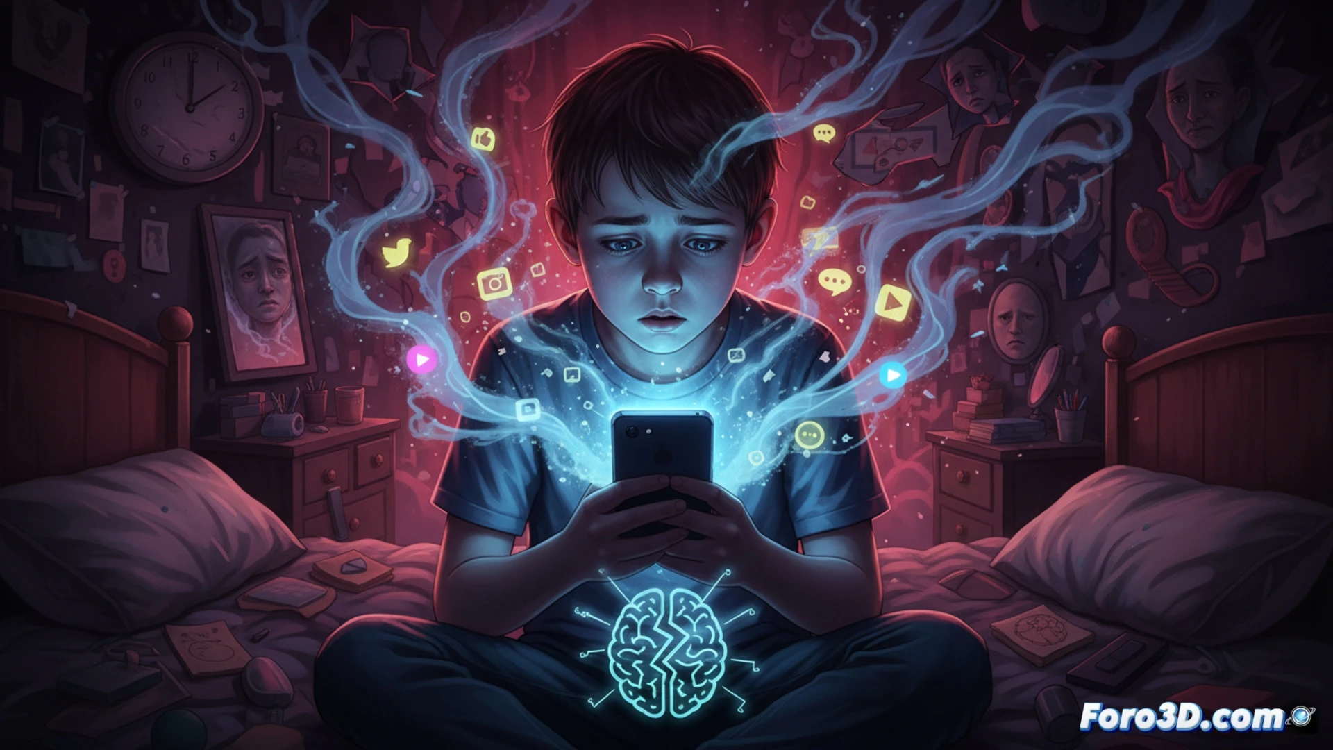 Realistic medical consultation scene, young teenager holding smartphone with glowing social media app icons, brain MRI scan displayed on monitor showing highlighted stress areas, doctor gesturing towards cigarette warning label and phone screen side by side, cluttered desk with stethoscope and medical notes, anxious expression on child face, dramatic clinical lighting, photorealistic technical illustration, high detail skin texture and surgical mask, warning symbols fading into phone screen, cinematic composition, shallow depth of field