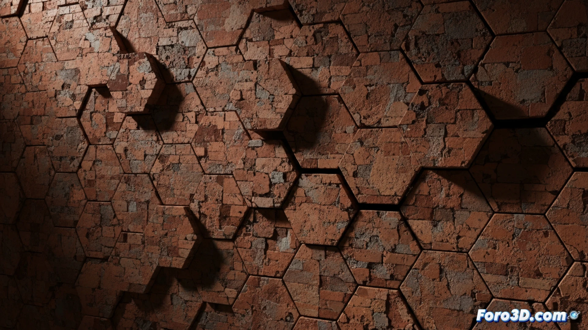 Descripción: Teselado hexagonal aleatorio en texturas de ladrillo y rayones, evitando repeticiones visibles en superficie 3D.
