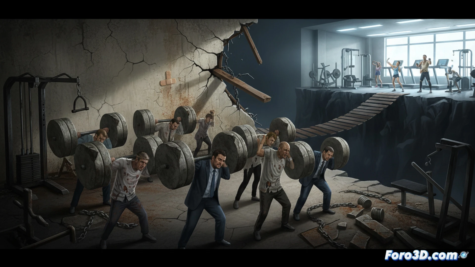 A muscular human silhouette lifting a barbell shaped like a rusty steel beam labeled reforma estructural, while a politician in a suit injects silicone filler into a cracked pillar instead of repairing it, gym floor covered in discarded diet plans and blueprints, photorealistic engineering visualization, cinematic lighting with harsh shadows, sweat dripping from the barbell, dust particles floating, concrete walls peeling, hyper-detailed textures of metal and skin, dramatic contrast between effort and shortcut, technical illustration style