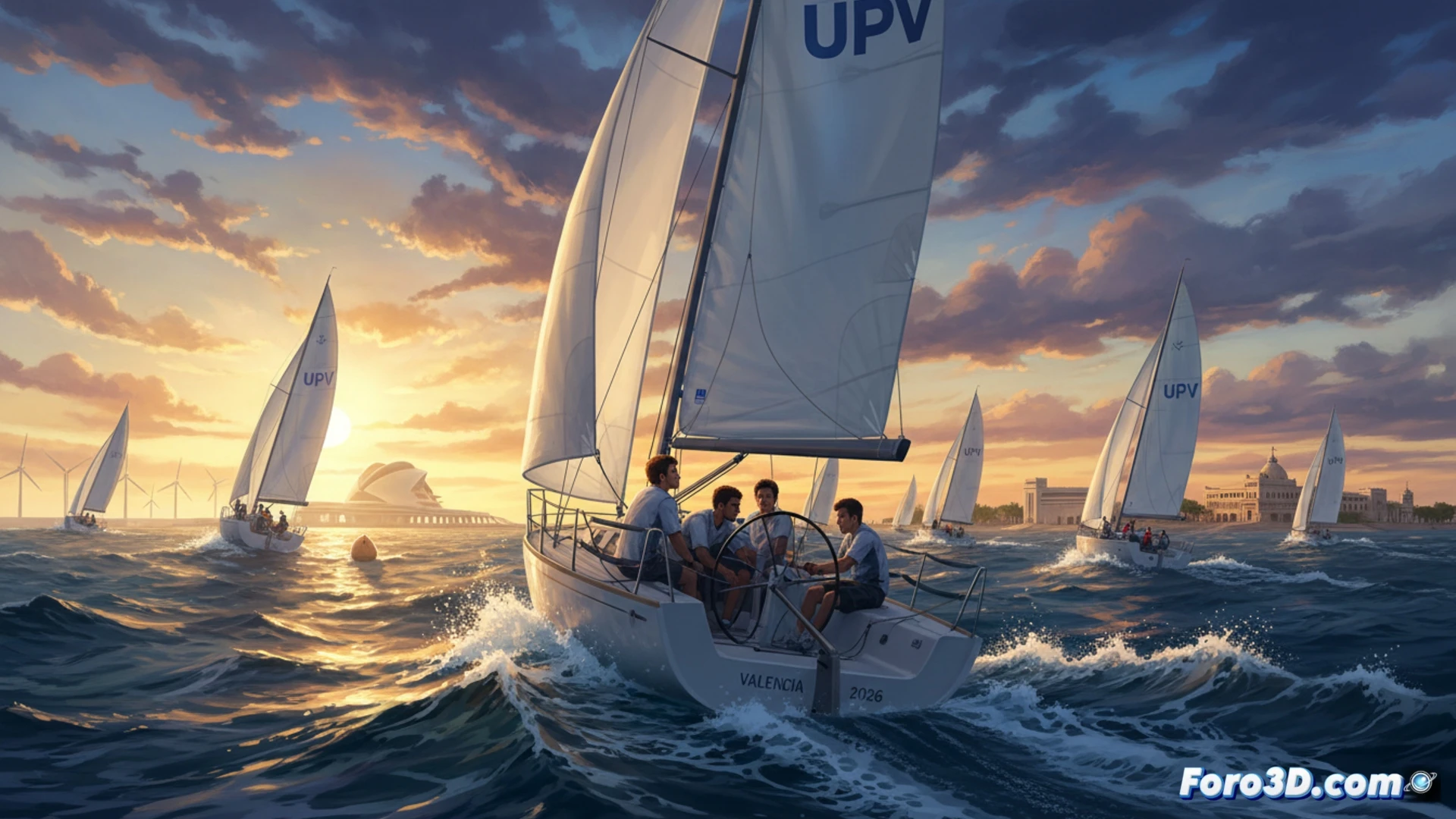 three sailboats competing in open sea during a regatta, strong wind filling bright white sails, boat hulls leaning sharply as they tack, crew members pulling ropes and adjusting sails in coordinated action, golden afternoon sunlight reflecting off choppy Mediterranean waves, Valencia coastline visible in distant background, sail numbers visible on mainsails, technical sailing equipment like winches and rigging clearly shown, photorealistic marine photography style, dynamic composition with spray flying from bow, dramatic sky with scattered clouds, ultra-detailed fiberglass hull textures and stainless steel fittings, cinematic lighting emphasizing teamwork and speed