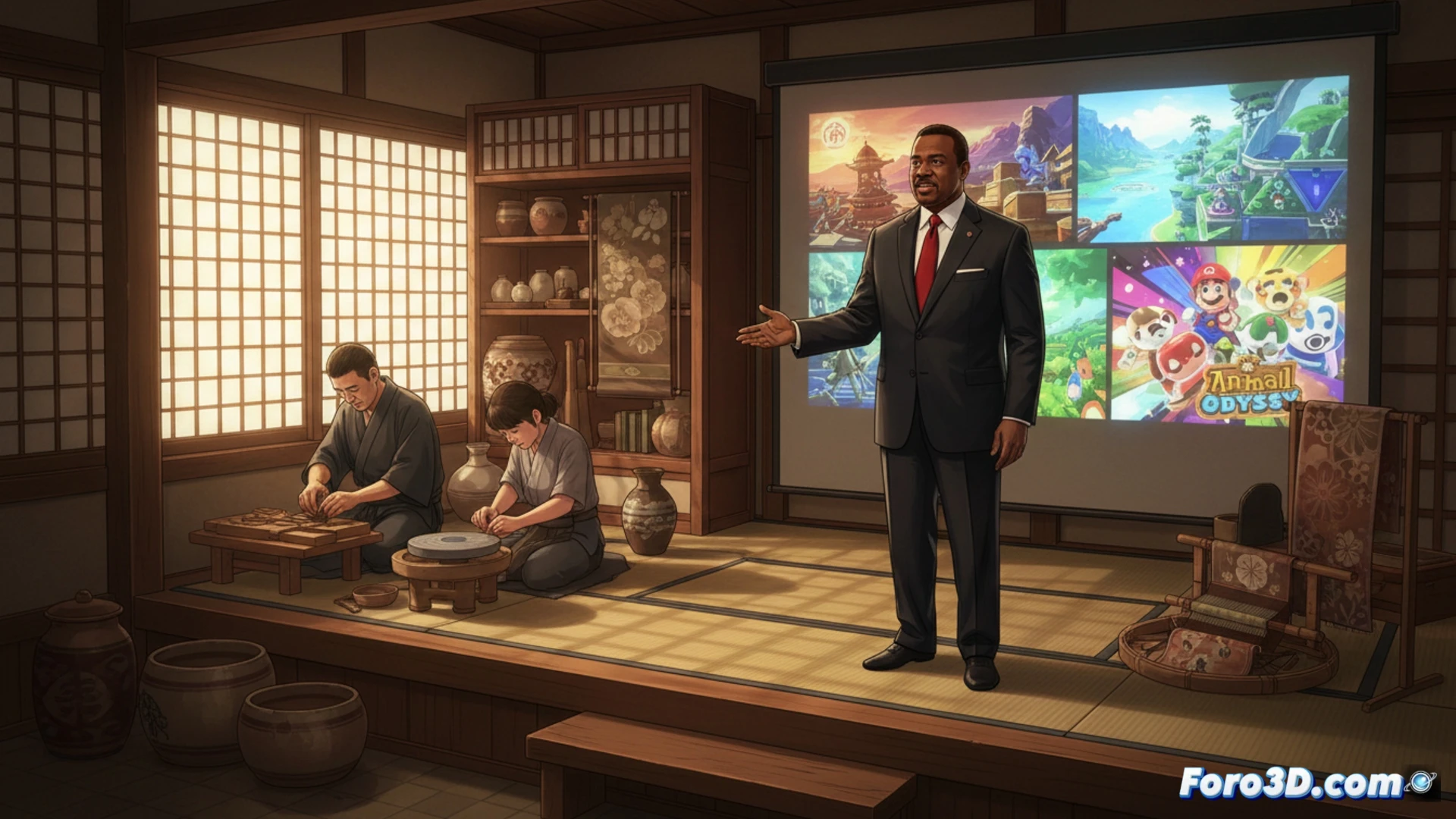 Reggie Fils-Aimé, junto a cerámica de Kioto, explica por qué los juegos de Nintendo mantienen su precio.