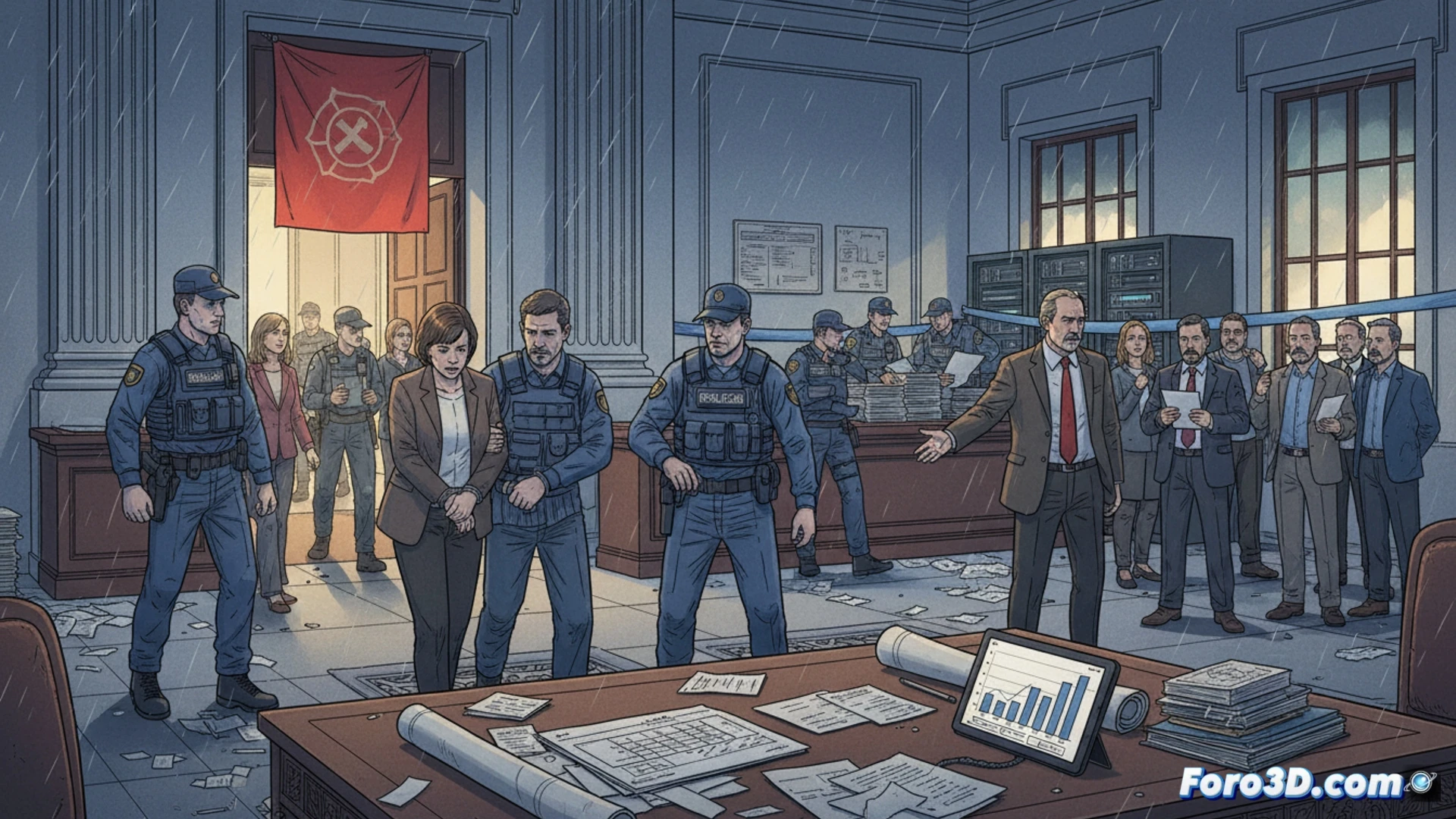 Portuguese Socialist Party headquarters entrance being searched by police officers in plain clothes, forensic agents examining documents and digital tablets on a conference table, computer screens displaying municipal budget spreadsheets with highlighted irregularities, a handcuffed ex-advisor being led past a desk with seized hard drives and USB devices, stacks of paper files marked with evidence stickers, cinematic photorealistic technical illustration, dramatic overhead lighting casting shadows, blue and yellow police tape across doorways, modern office interior with blurred party logos, ultra-detailed textures on leather chairs and glass partitions, tense investigative atmosphere