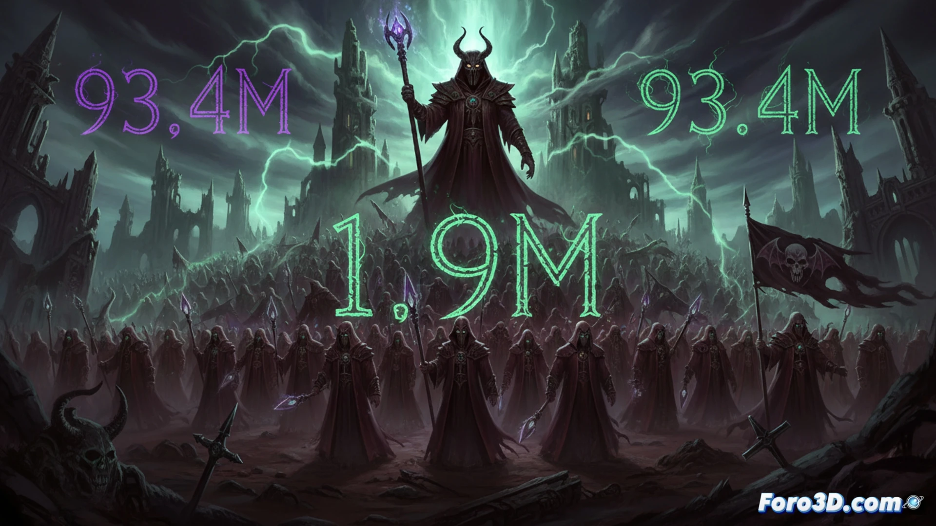 dark fantasy dungeon scene, a warlock clad in ornate black armor casting a swirling green soul-siphon spell at a horde of demons, glowing runes on the ground pulsing with energy, multiple computer monitors in the background showing Diablo II Resurrected gameplay stats and character creation interface, a keyboard with RGB lighting and a mouse with glowing logo visible, spell particles forming a vortex of souls being absorbed, dramatic rim lighting from the spell and monitor glow, cinematic photorealistic rendering, ultra-detailed armor textures and spell effects, motion blur on demon corpses being disintegrated, technical gaming setup integrated into the scene, dark atmospheric shadows with emerald and crimson highlights