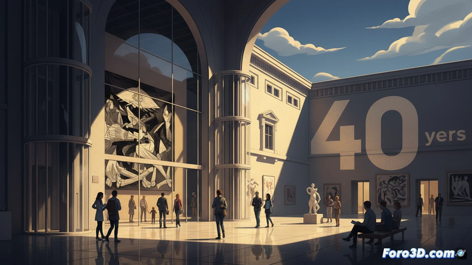 Photorealistic museum interior scene, visitors gathering in front of a massive abstract painting displayed on a white wall, diverse crowd of people of different ages and backgrounds walking and stopping to observe, soft natural light streaming through large windows, museum security guard standing near an open entrance door, modern minimalist architecture with concrete floors and metal railings, subtle dust particles floating in sunbeams, people holding small guide pamphlets, a child pointing at the artwork while an adult leans in, warm wood benches along the walls, cinematic composition with deep perspective, dramatic shadows and highlights, quiet contemplative atmosphere, ultra-detailed textures of paint and canvas, photorealistic architectural visualization
